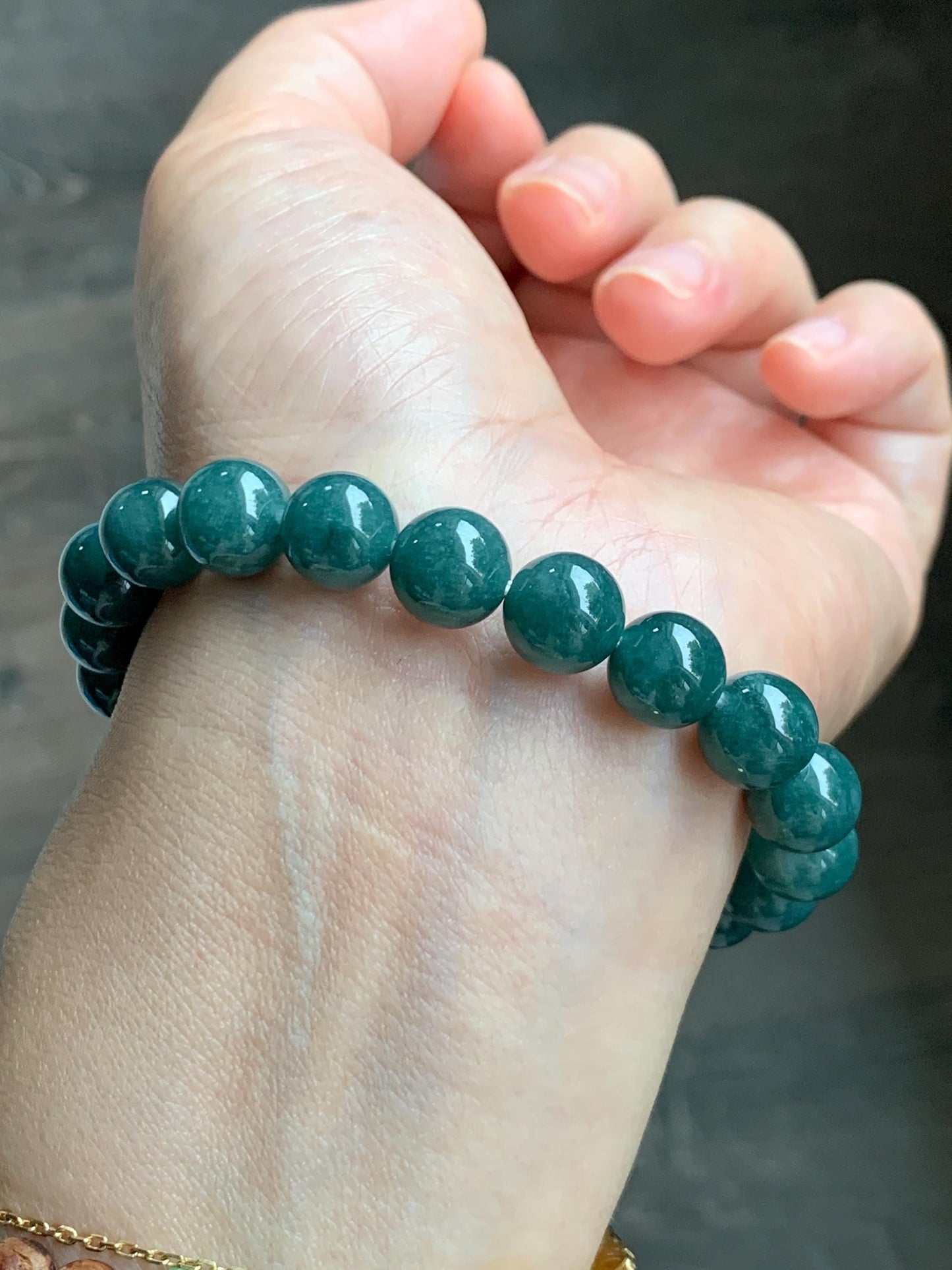 Natural Grade A Guatemalan Translucent Dark Teal Jade Jadeite Beaded Bracelet Stretchy 9.7mm 7.75” 36g 天然危糯种深蓝绿翡翠圆珠手串 WSHL150