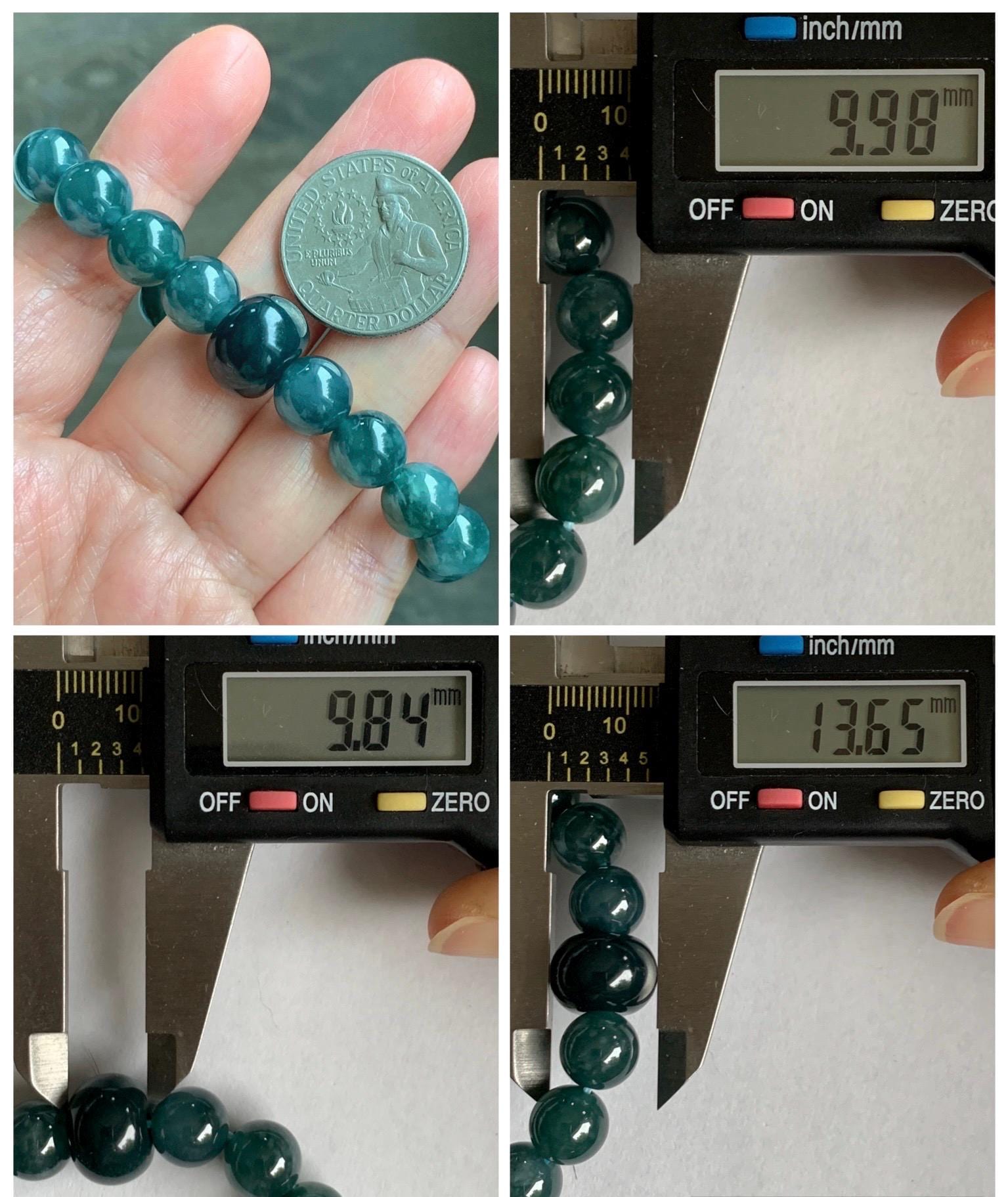 Natural Grade A Guatemalan Icy Translucent Dark Teal Blue Jade Jadeite Beaded Bracelet Stretchy 9.9mm 6.75” 34g 天然冰危深蓝绿翡翠圆珠手串 WSHB150