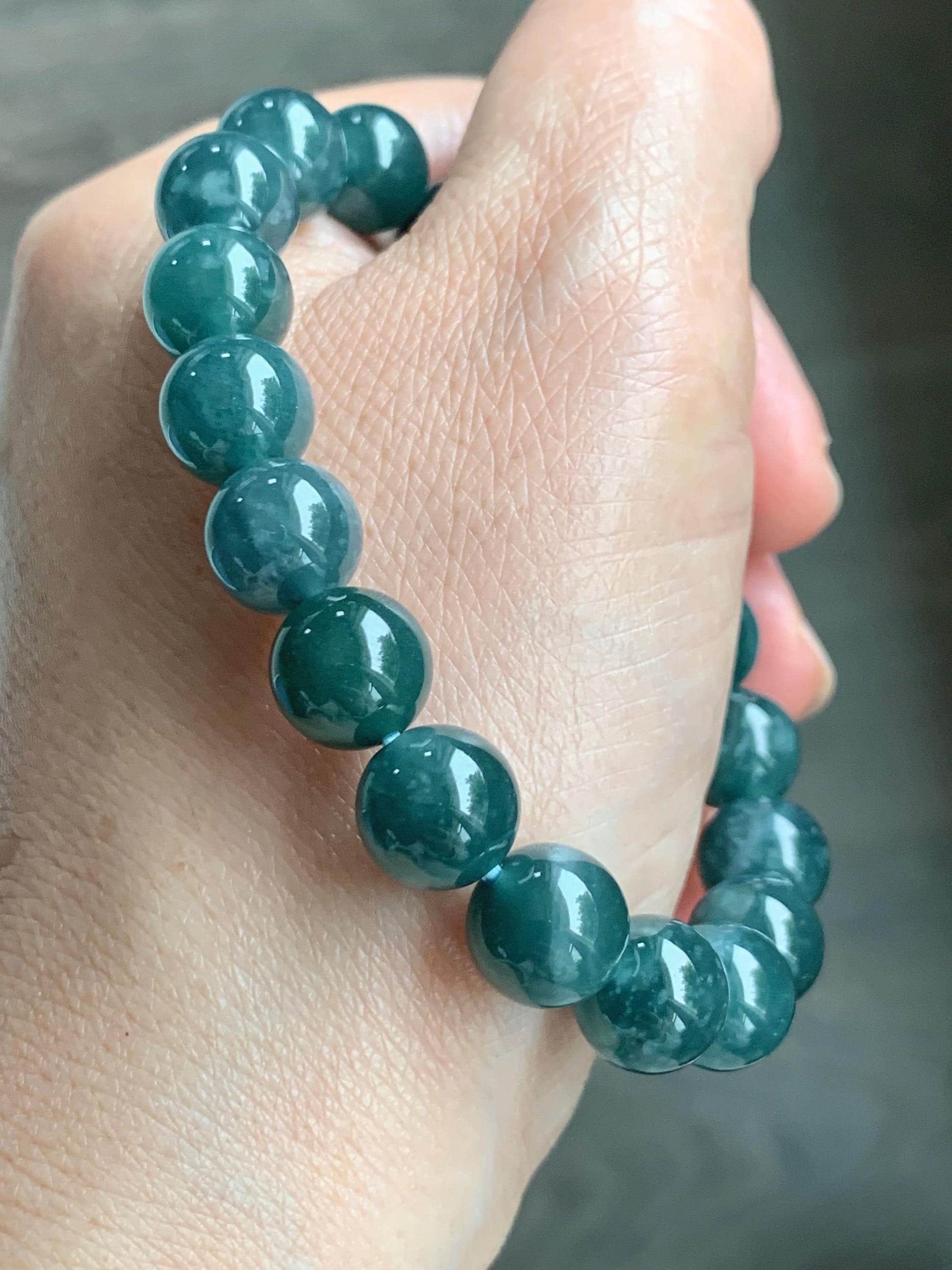 Natural Grade A Guatemalan Icy Translucent Dark Teal Blue Jade Jadeite Beaded Bracelet Stretchy 9.9mm 6.75” 34g 天然冰危深蓝绿翡翠圆珠手串 WSHB150