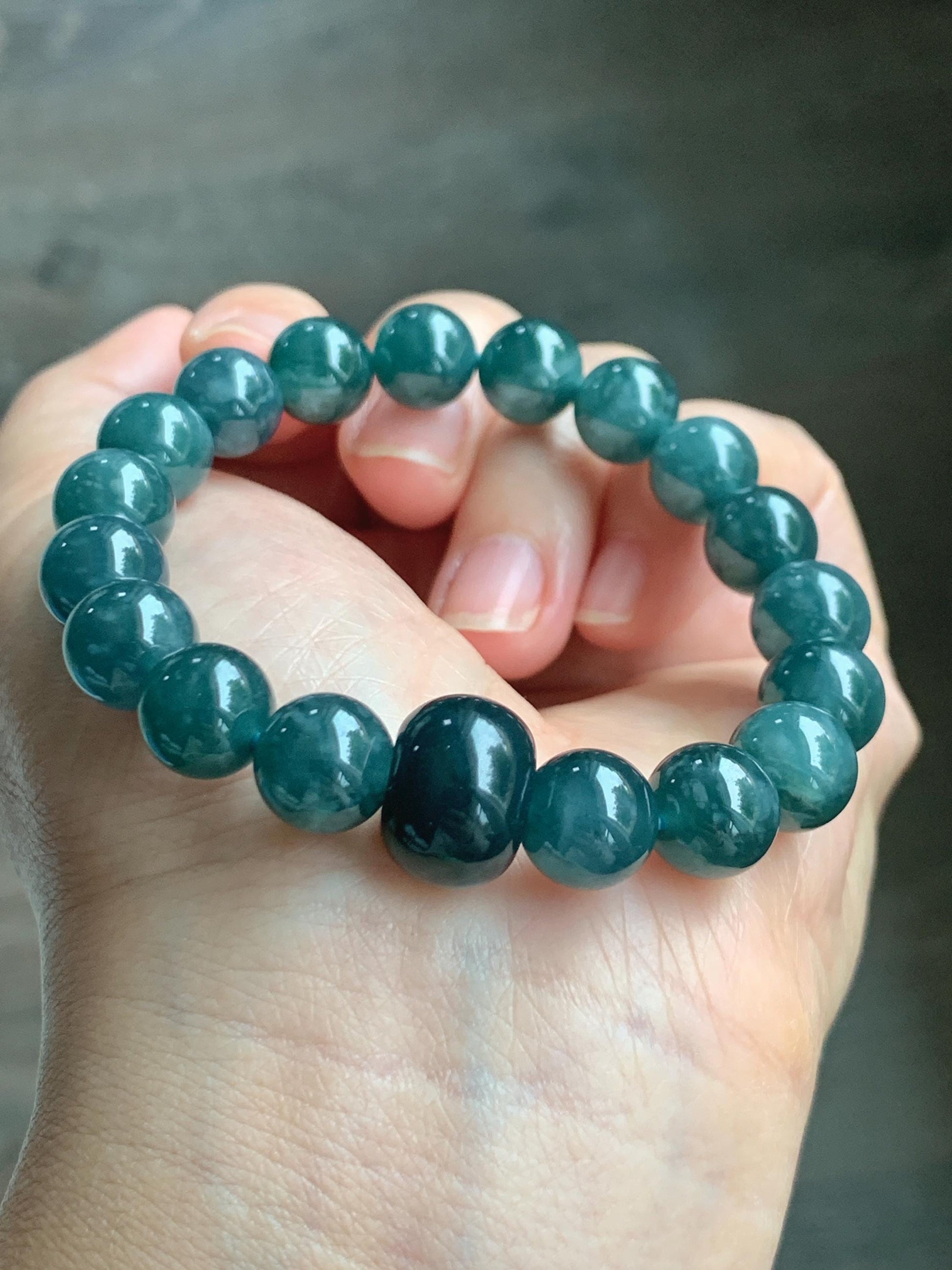 Natural Grade A Guatemalan Icy Translucent Dark Teal Blue Jade Jadeite Beaded Bracelet Stretchy 9.9mm 6.75” 34g 天然冰危深蓝绿翡翠圆珠手串 WSHB150
