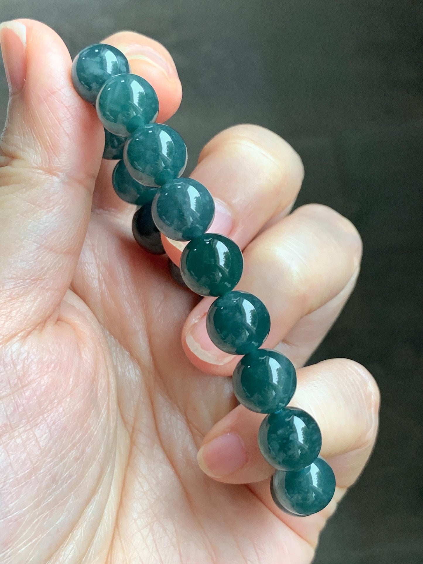 Natural Grade A Guatemalan Icy Translucent Dark Teal Blue Jade Jadeite Beaded Bracelet Stretchy 9.9mm 6.75” 34g 天然冰危深蓝绿翡翠圆珠手串 WSHB150
