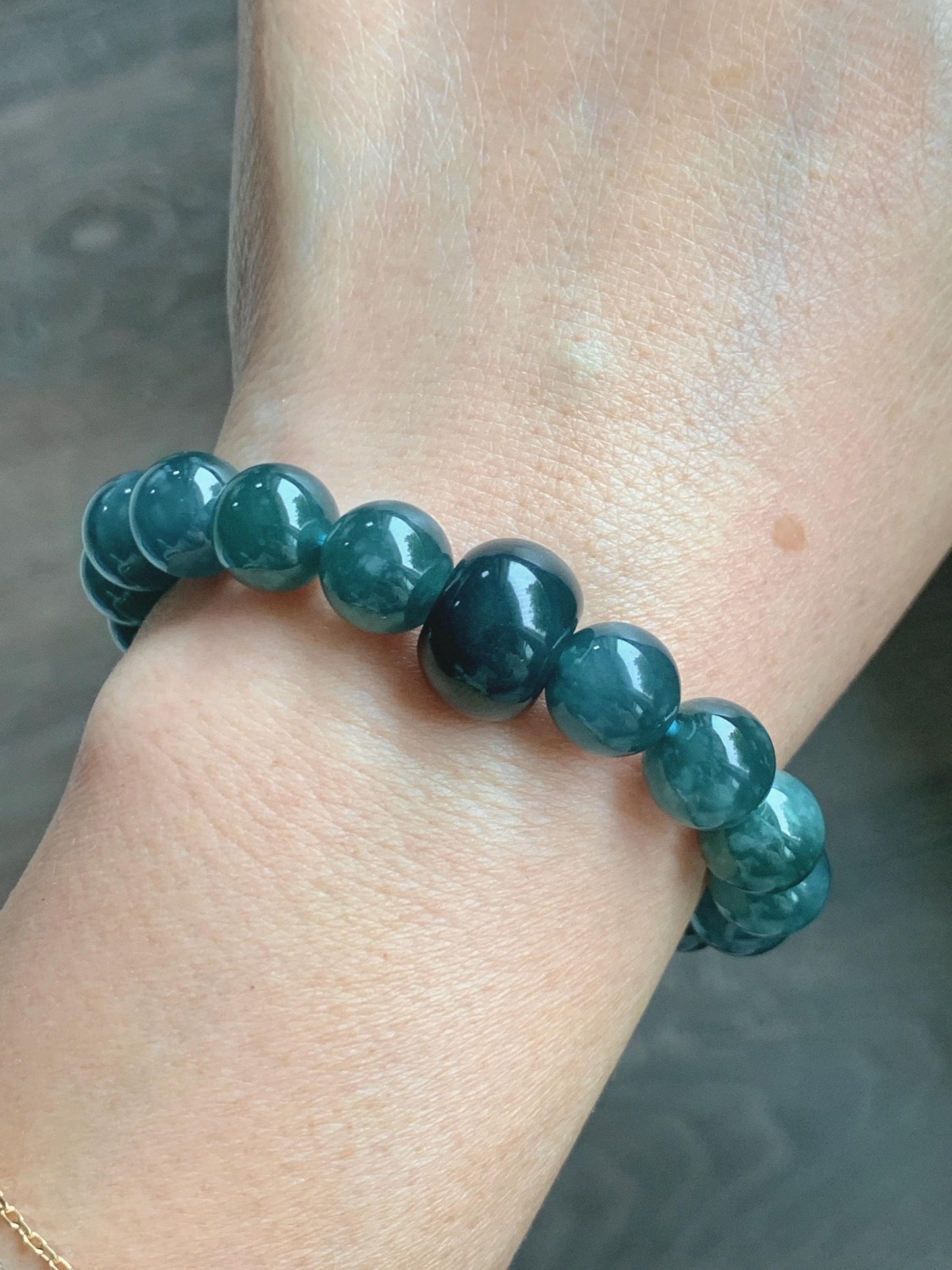 Natural Grade A Guatemalan Icy Translucent Dark Teal Blue Jade Jadeite Beaded Bracelet Stretchy 9.9mm 6.75” 34g 天然冰危深蓝绿翡翠圆珠手串 WSHB150