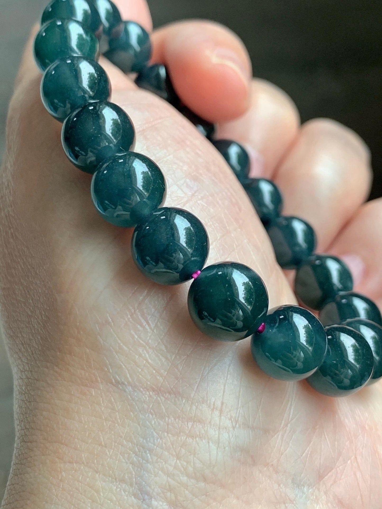 Natural Guatemalan Grade A Icy Translucent Dark Teal Blue Jade Jadeite Beaded Bracelet Stretchy 9.8mm 7” 31g 天然冰危深蓝绿翡翠圆珠手串 WSF275