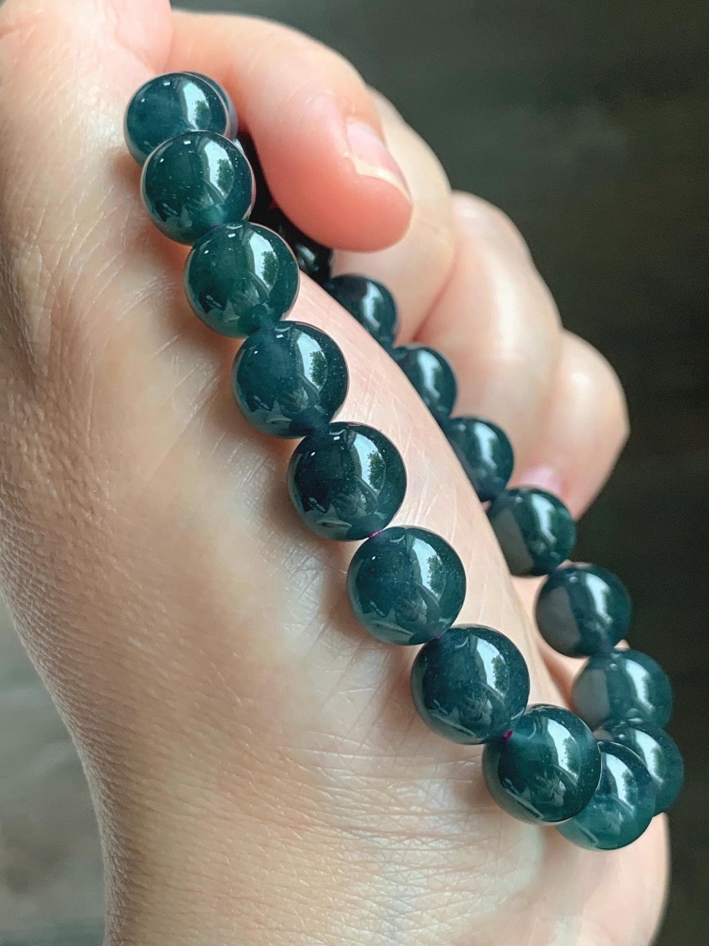 Natural Guatemalan Grade A Icy Translucent Dark Teal Blue Jade Jadeite Beaded Bracelet Stretchy 9.8mm 7” 31g 天然冰危深蓝绿翡翠圆珠手串 WSF275