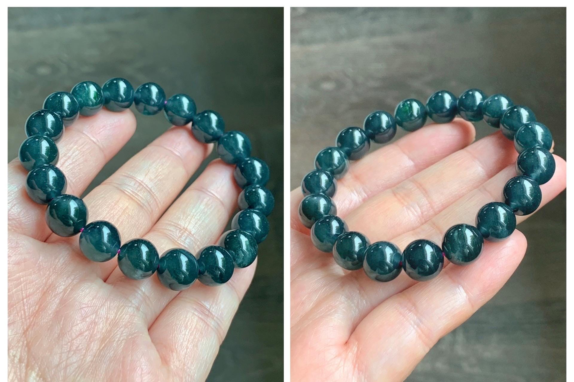 Natural Guatemalan Grade A Icy Translucent Dark Teal Blue Jade Jadeite Beaded Bracelet Stretchy 9.8mm 7” 31g 天然冰危深蓝绿翡翠圆珠手串 WSF275