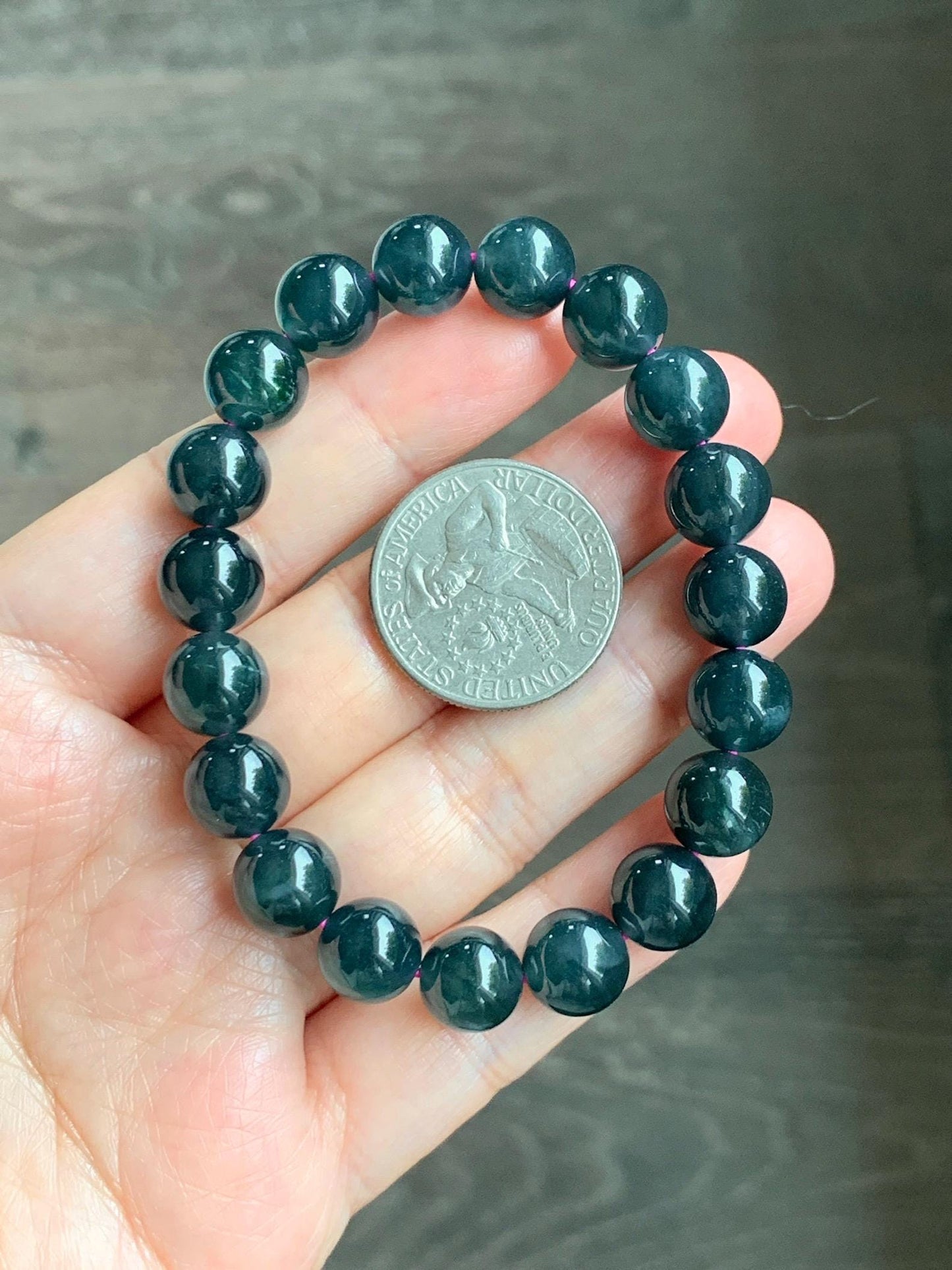 Natural Guatemalan Grade A Icy Translucent Dark Teal Blue Jade Jadeite Beaded Bracelet Stretchy 9.8mm 7” 31g 天然冰危深蓝绿翡翠圆珠手串 WSF275