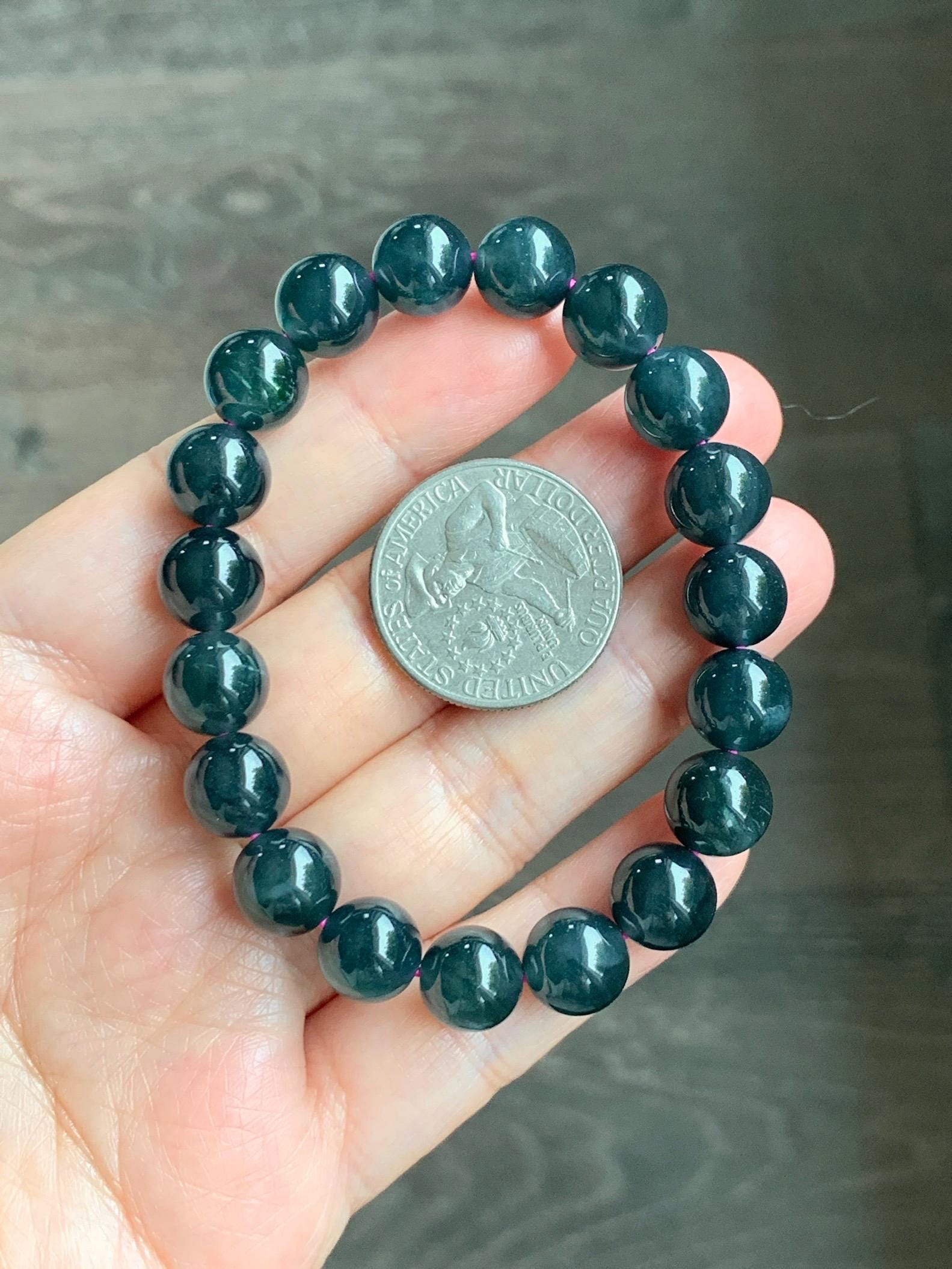 Natural Guatemalan Grade A Icy Translucent Dark Teal Blue Jade Jadeite Beaded Bracelet Stretchy 9.8mm 7” 31g 天然冰危深蓝绿翡翠圆珠手串 WSF275