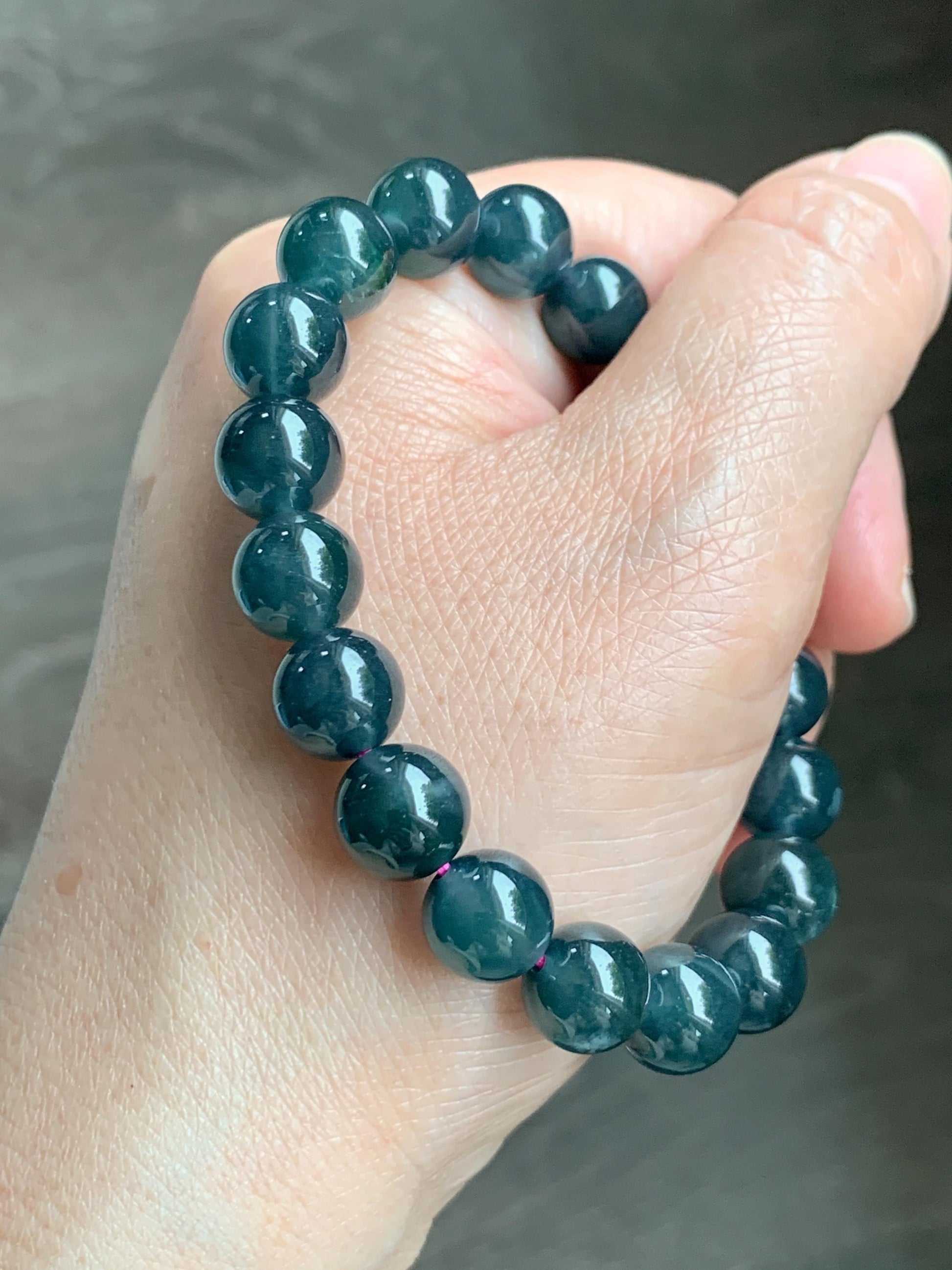 Natural Guatemalan Grade A Icy Translucent Dark Teal Blue Jade Jadeite Beaded Bracelet Stretchy 9.8mm 7” 31g 天然冰危深蓝绿翡翠圆珠手串 WSF275