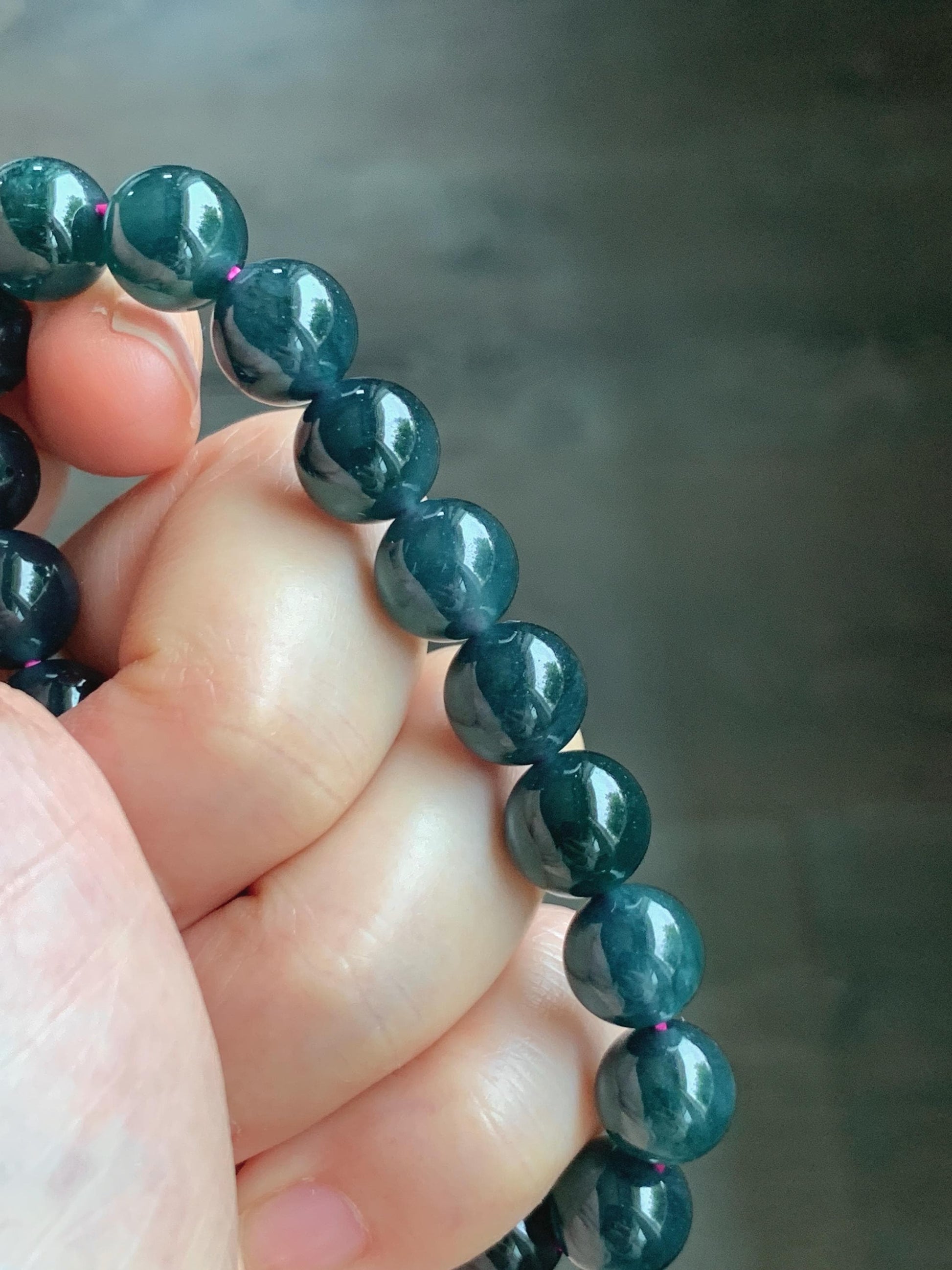 Natural Guatemalan Grade A Icy Translucent Dark Teal Blue Jade Jadeite Beaded Bracelet Stretchy 9.8mm 7” 31g 天然冰危深蓝绿翡翠圆珠手串 WSF275