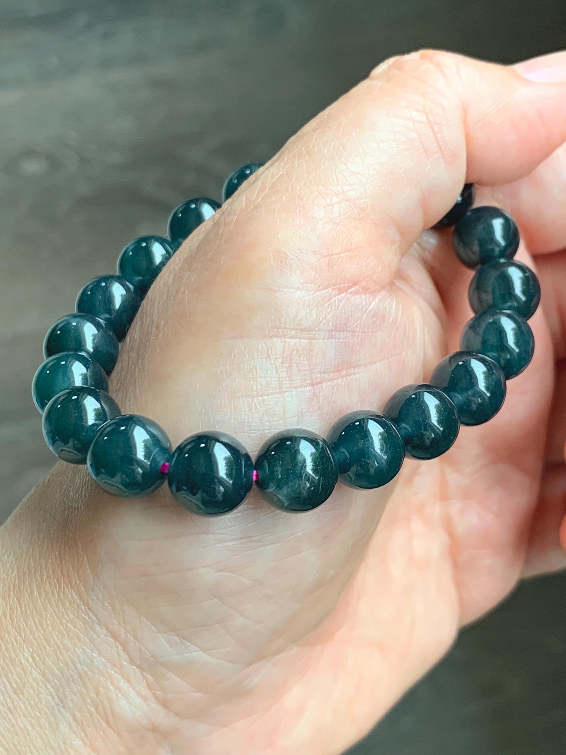 Natural Guatemalan Grade A Icy Translucent Dark Teal Blue Jade Jadeite Beaded Bracelet Stretchy 9.8mm 7” 31g 天然冰危深蓝绿翡翠圆珠手串 WSF275