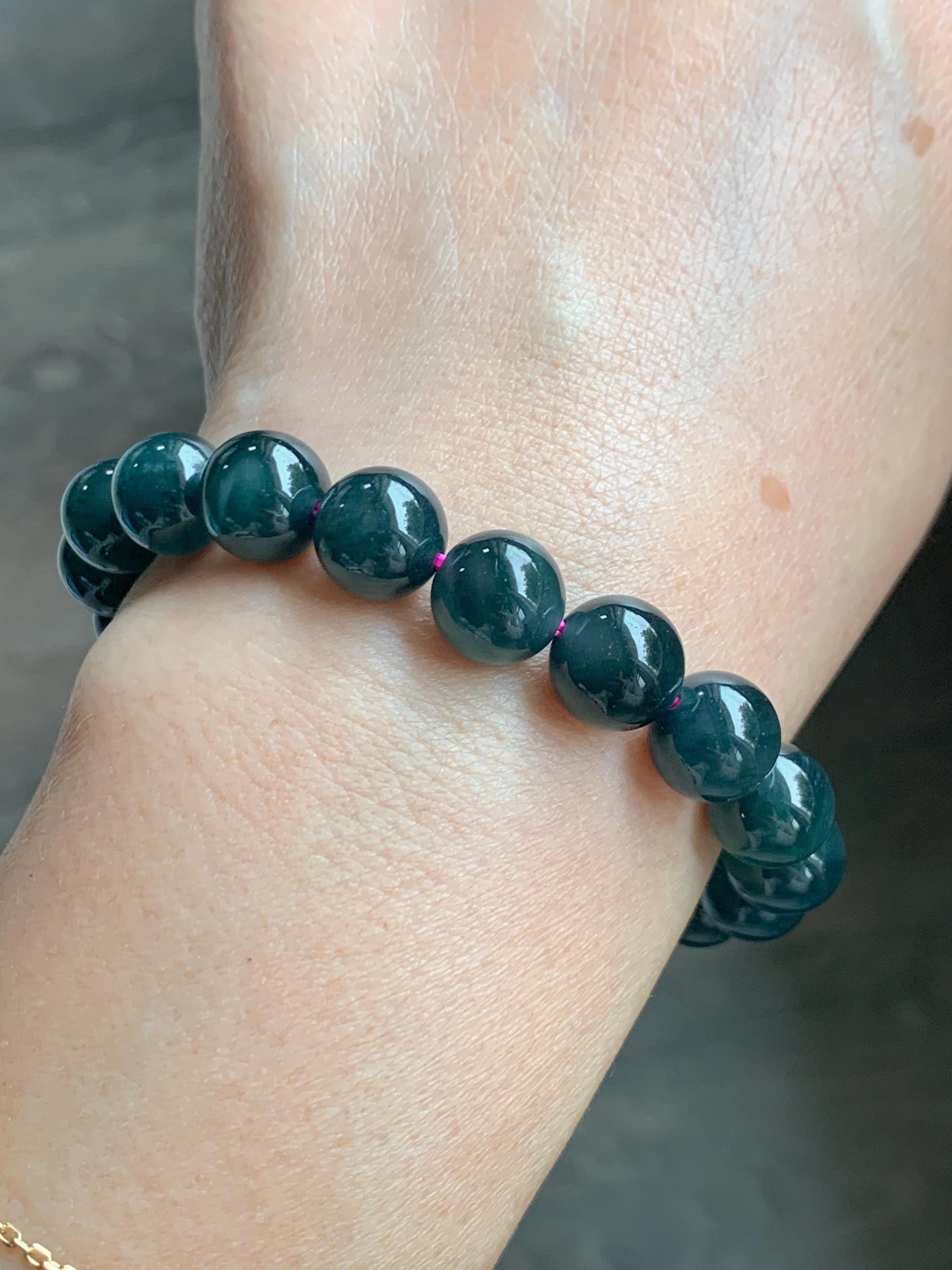 Natural Guatemalan Grade A Icy Translucent Dark Teal Blue Jade Jadeite Beaded Bracelet Stretchy 9.8mm 7” 31g 天然冰危深蓝绿翡翠圆珠手串 WSF275