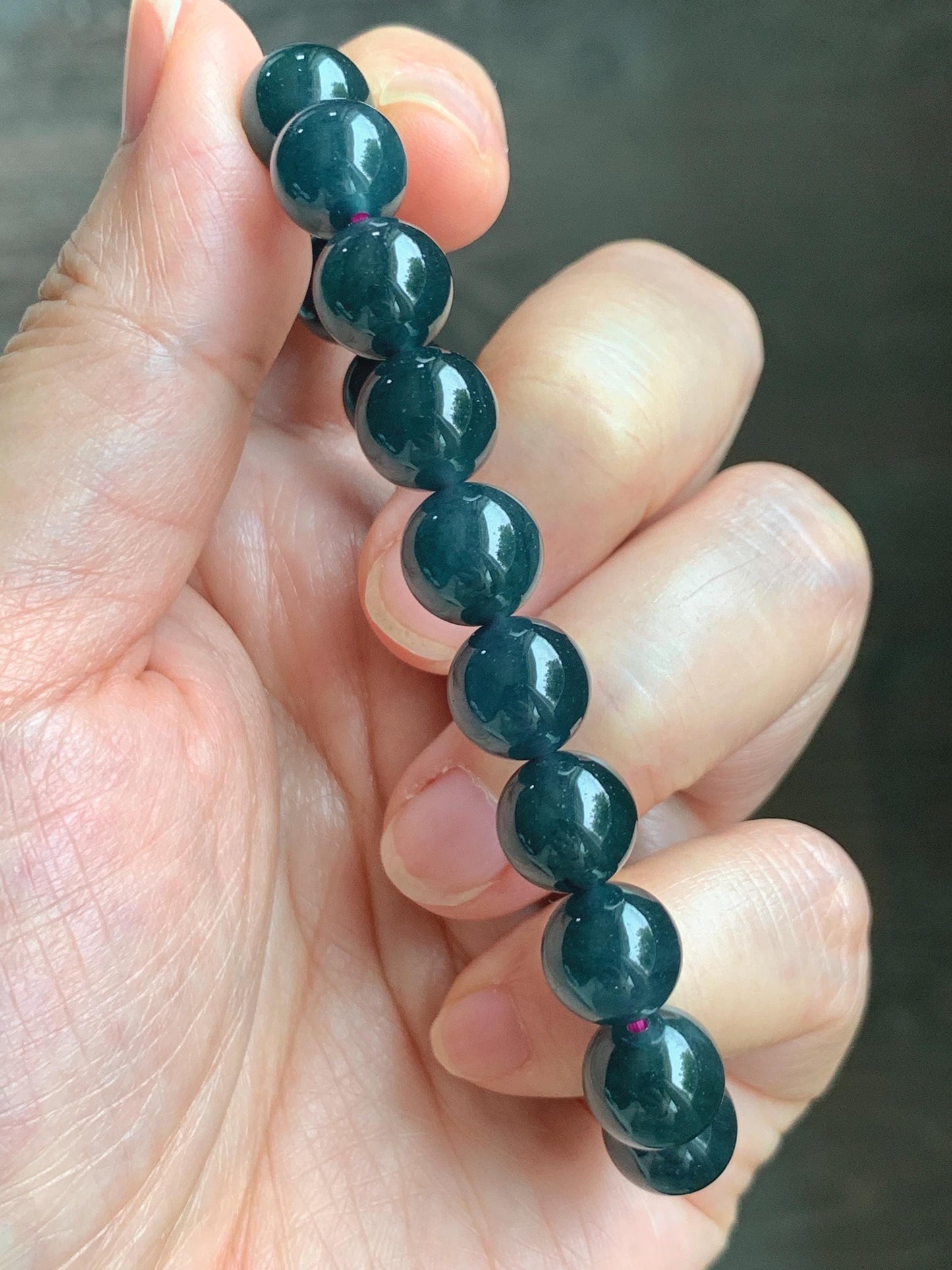 Natural Guatemalan Grade A Icy Translucent Dark Teal Blue Jade Jadeite Beaded Bracelet Stretchy 9.8mm 7” 31g 天然冰危深蓝绿翡翠圆珠手串 WSF275