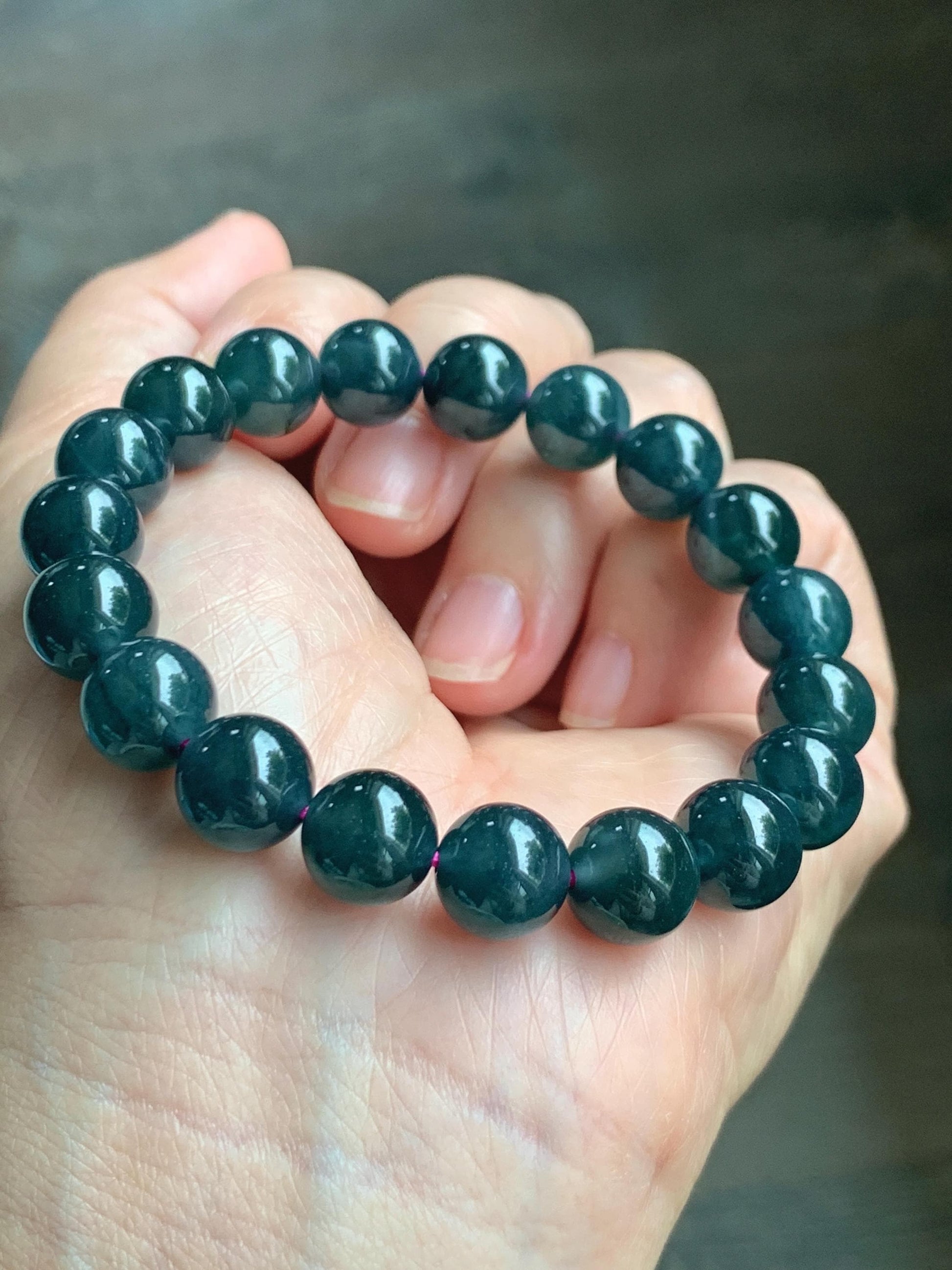 Natural Guatemalan Grade A Icy Translucent Dark Teal Blue Jade Jadeite Beaded Bracelet Stretchy 9.8mm 7” 31g 天然冰危深蓝绿翡翠圆珠手串 WSF275
