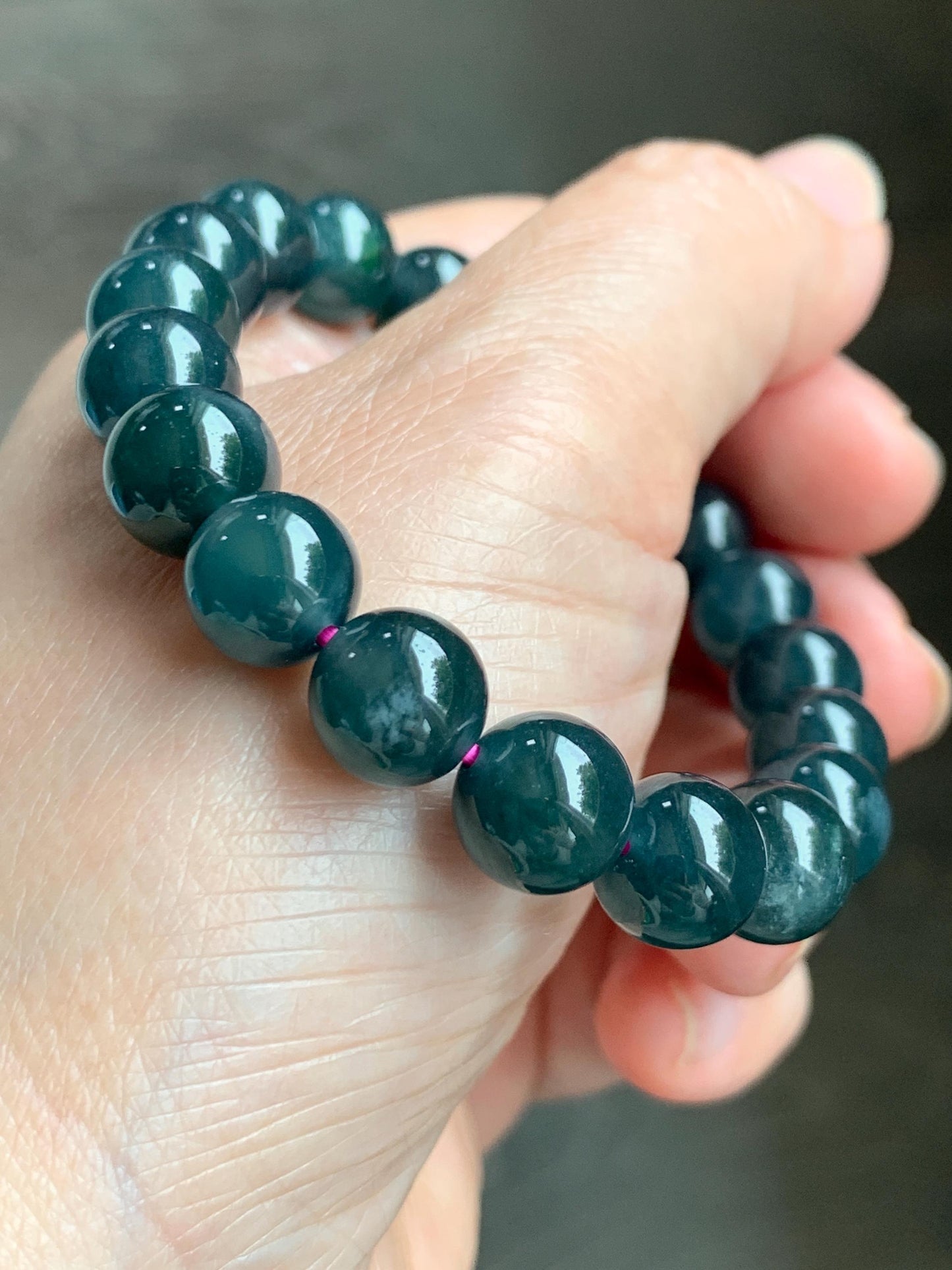 Natural Guatemalan Grade A Icy Translucent Dark Teal Blue Jade Jadeite Beaded Bracelet Stretchy 9.8mm 7” 31g 天然冰危深蓝绿翡翠圆珠手串 WSF275