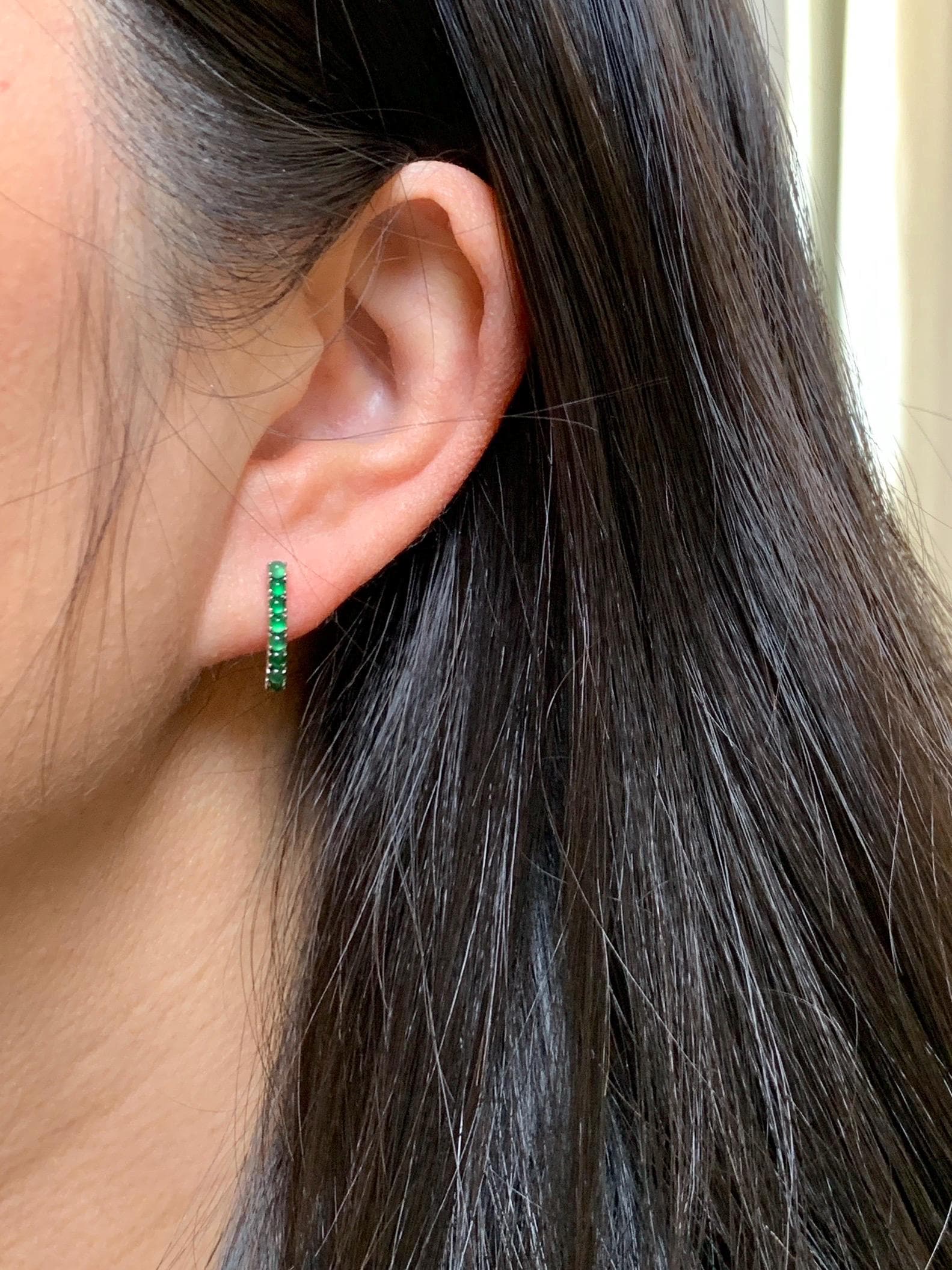 Natural Guatemalan Grade A Icy Highly Translucent Green Jade Jadeite Hoop Huggie Earrings Sterling Silver 天然冰危绿起光翡翠银镶耳包 WLB130