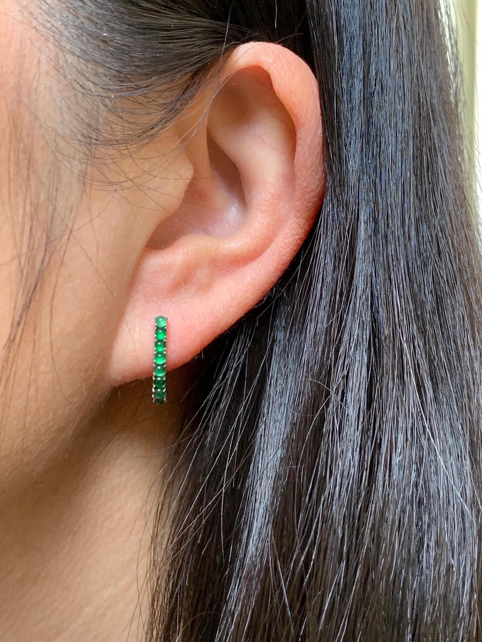 Natural Guatemalan Grade A Icy Highly Translucent Green Jade Jadeite Hoop Huggie Earrings Sterling Silver 天然冰危绿起光翡翠银镶耳包 WLB130