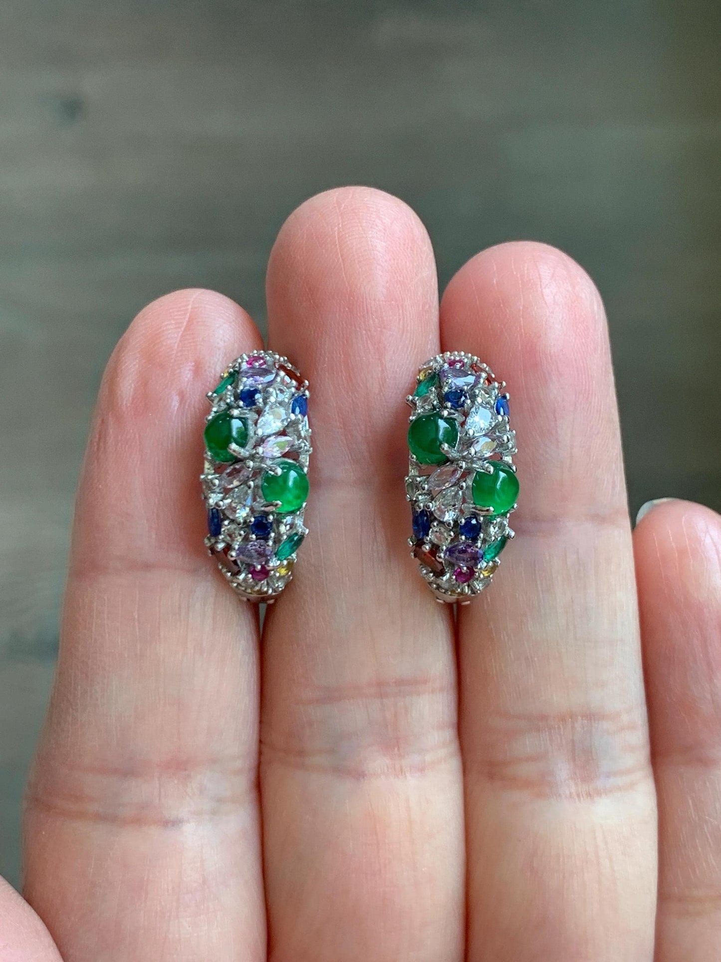 Natural Guatemalan Grade A Icy Highly Translucent Vibrant Green Jade Jadeite Hoop Huggie Earrings Sterling Silver 天然冰危绿起光翡翠多宝银镶耳包 WFH220