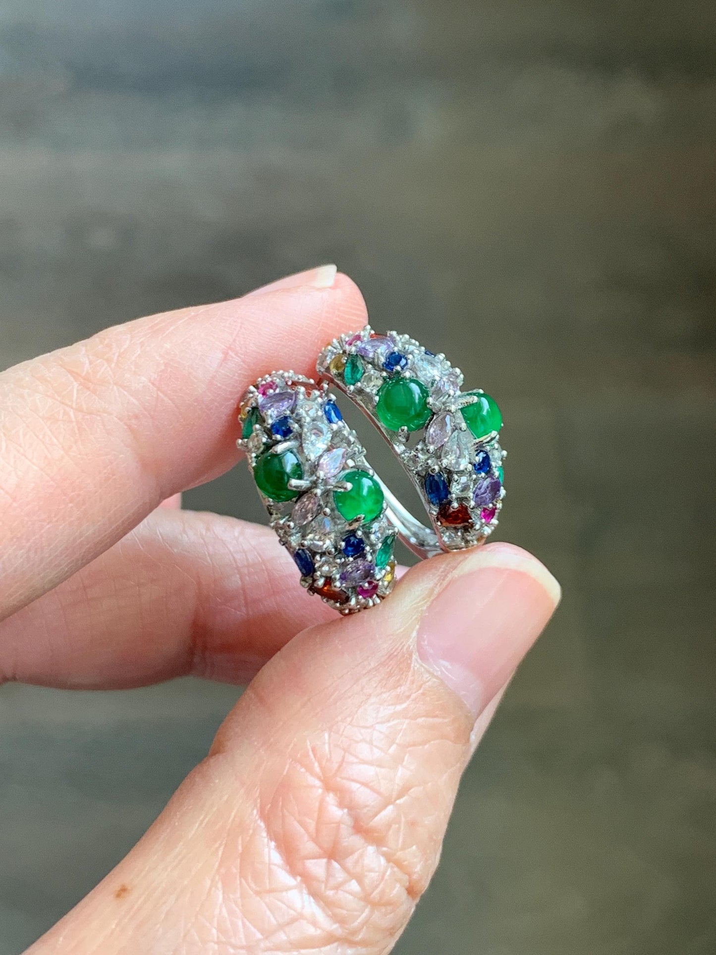 Natural Guatemalan Grade A Icy Highly Translucent Vibrant Green Jade Jadeite Hoop Huggie Earrings Sterling Silver 天然冰危绿起光翡翠多宝银镶耳包 WFH220