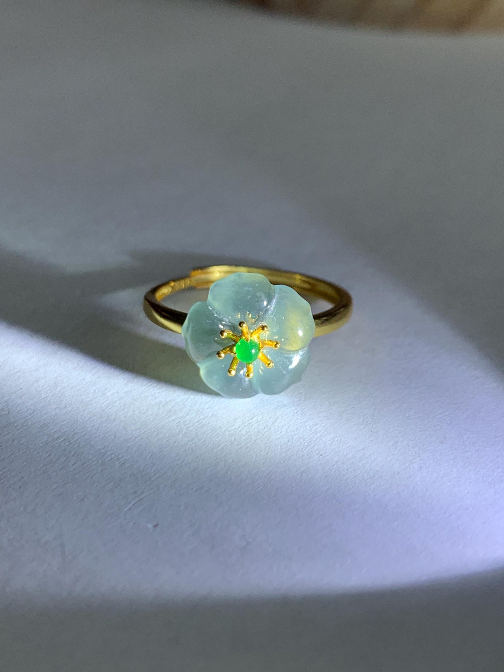 Natural Grade A Guatemalan Icy Translucent Light Blue Jade Jadeite Cherry Blossom Ring Sterling Silver Size Adjustable 天然冰危蓝翡翠梅花戒指 WQM120B