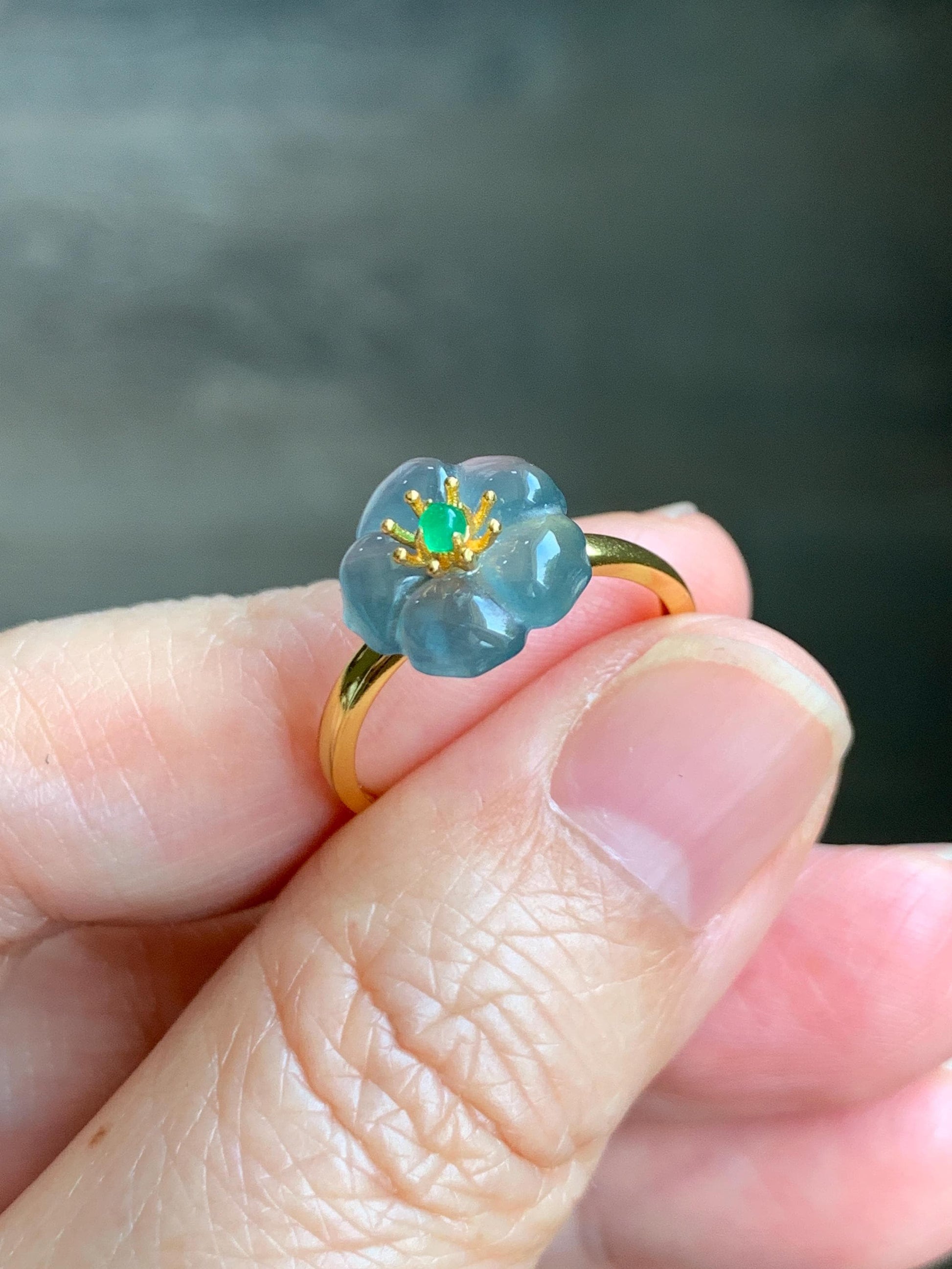 Natural Grade A Guatemalan Icy Translucent Light Blue Jade Jadeite Cherry Blossom Ring Sterling Silver Size Adjustable 天然冰危蓝翡翠梅花戒指 WQM120B