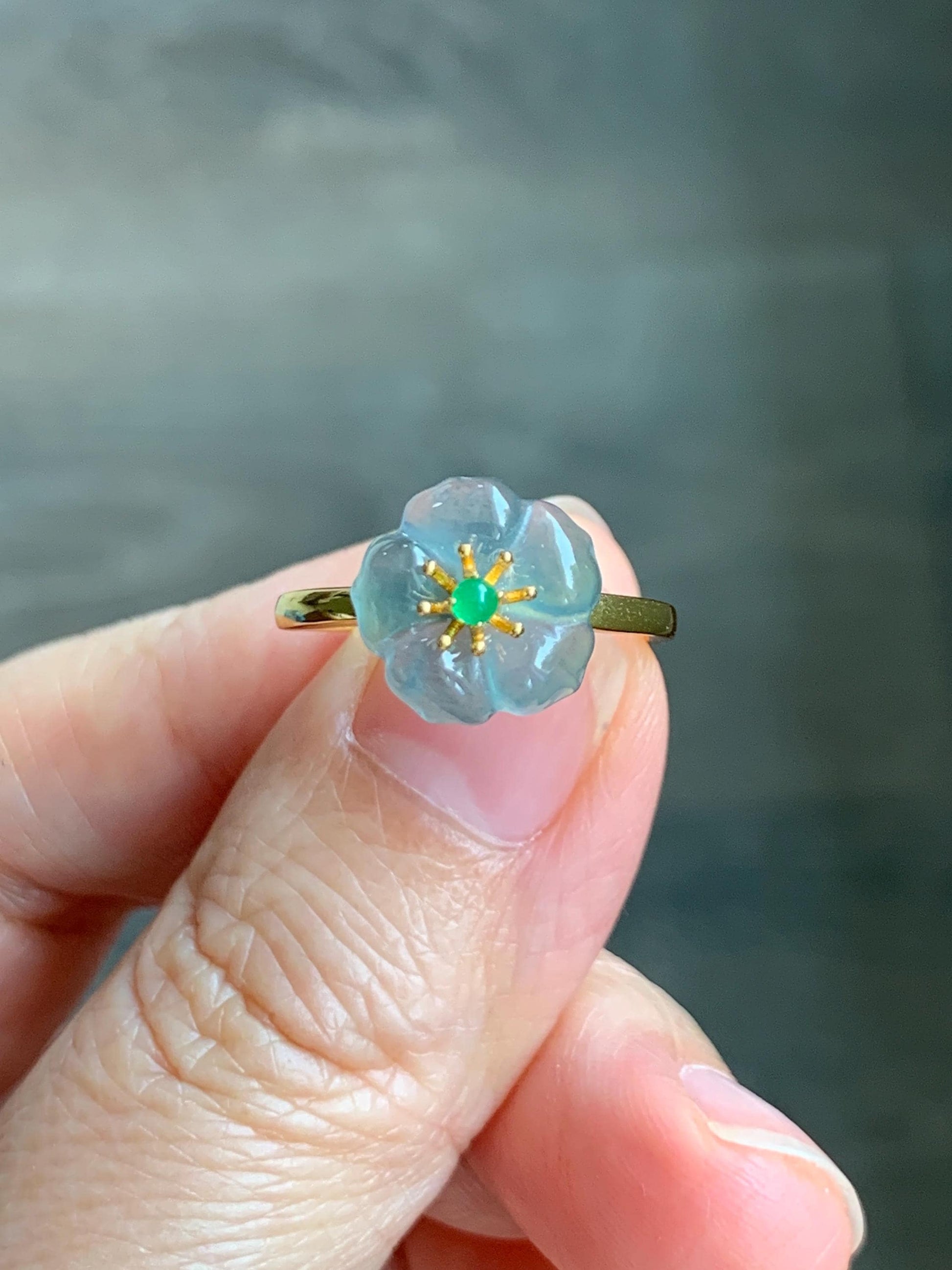 Natural Grade A Guatemalan Icy Translucent Light Blue Jade Jadeite Cherry Blossom Ring Sterling Silver Size Adjustable 天然冰危蓝翡翠梅花戒指 WQM120B