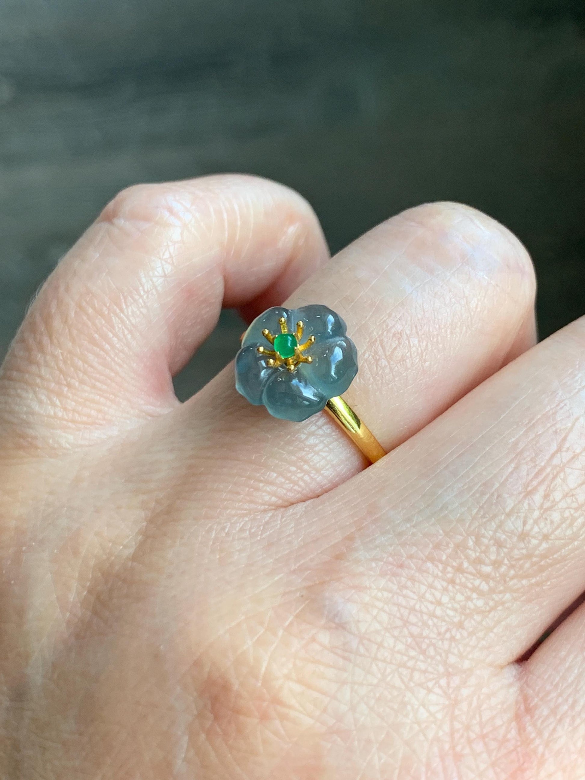 Natural Grade A Guatemalan Icy Translucent Light Blue Jade Jadeite Cherry Blossom Ring Sterling Silver Size Adjustable 天然冰危蓝翡翠梅花戒指 WQM120B