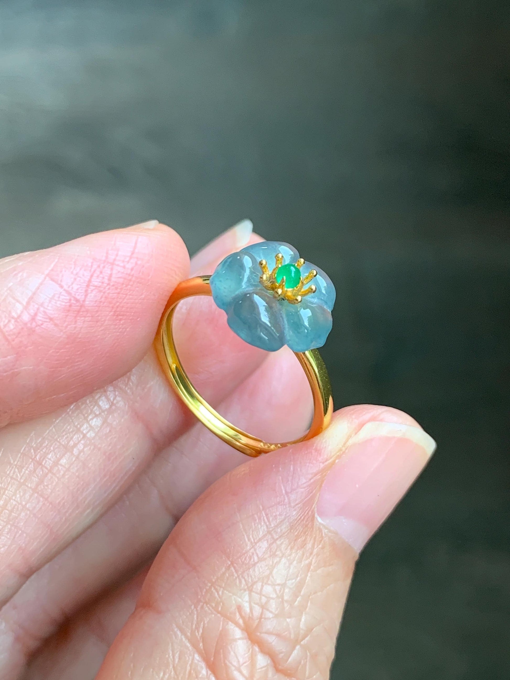Natural Grade A Guatemalan Icy Translucent Light Blue Jade Jadeite Cherry Blossom Ring Sterling Silver Size Adjustable 天然冰危蓝翡翠梅花戒指 WQM120B