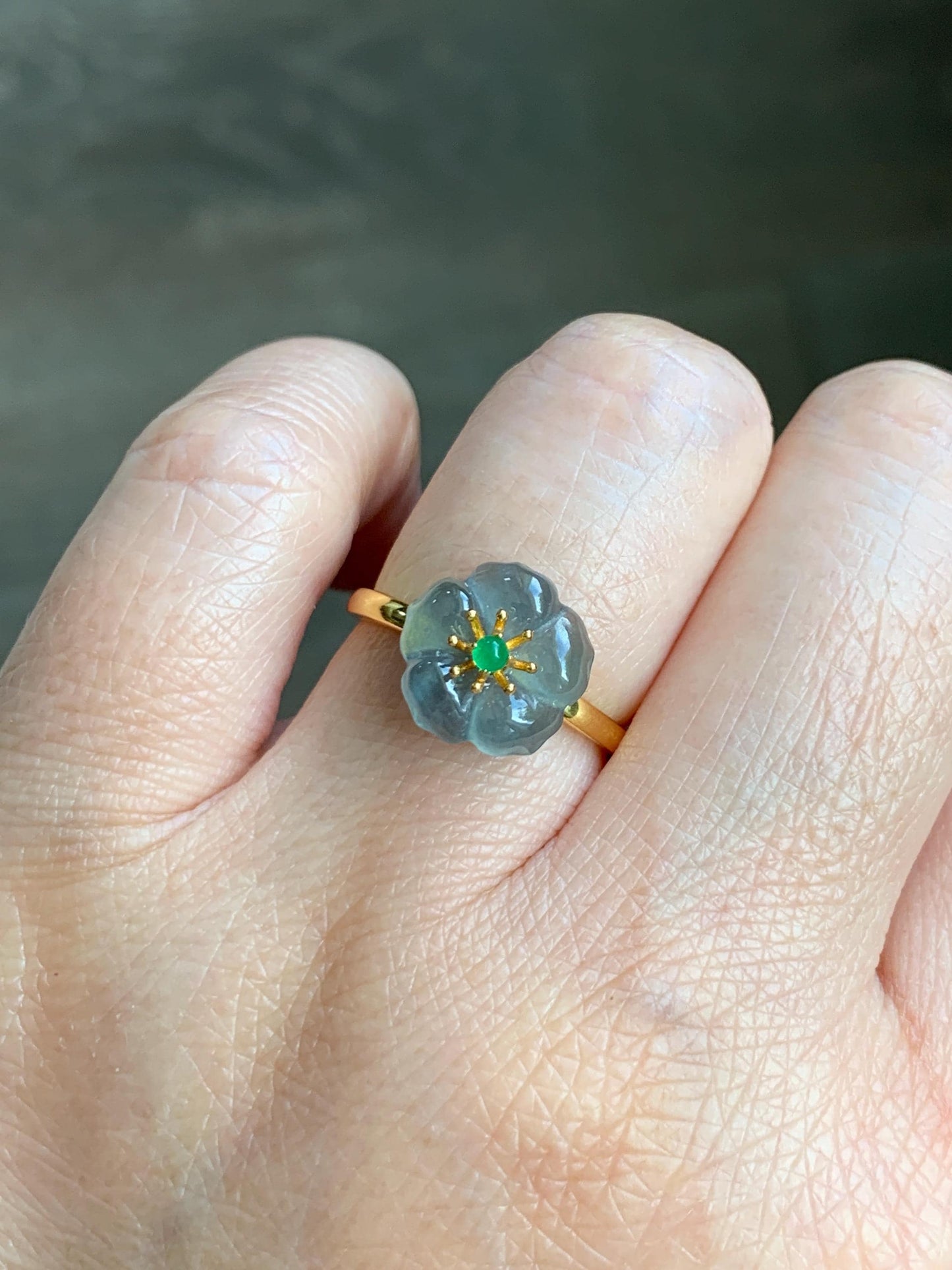 Natural Grade A Guatemalan Icy Translucent Light Blue Jade Jadeite Cherry Blossom Ring Sterling Silver Size Adjustable 天然冰危蓝翡翠梅花戒指 WQM120B