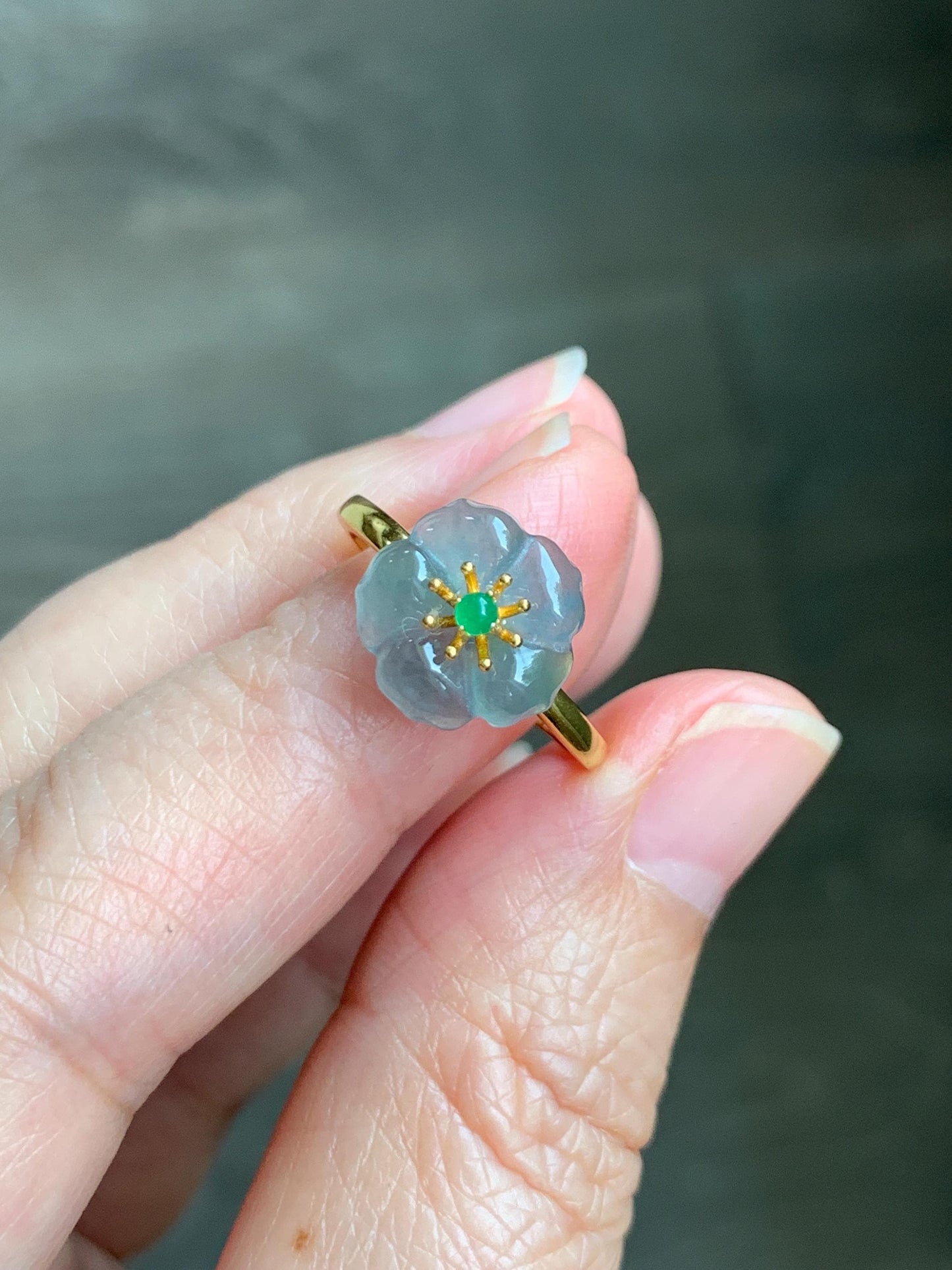Natural Grade A Guatemalan Icy Translucent Light Blue Jade Jadeite Cherry Blossom Ring Sterling Silver Size Adjustable 天然冰危蓝翡翠梅花戒指 WQM120B