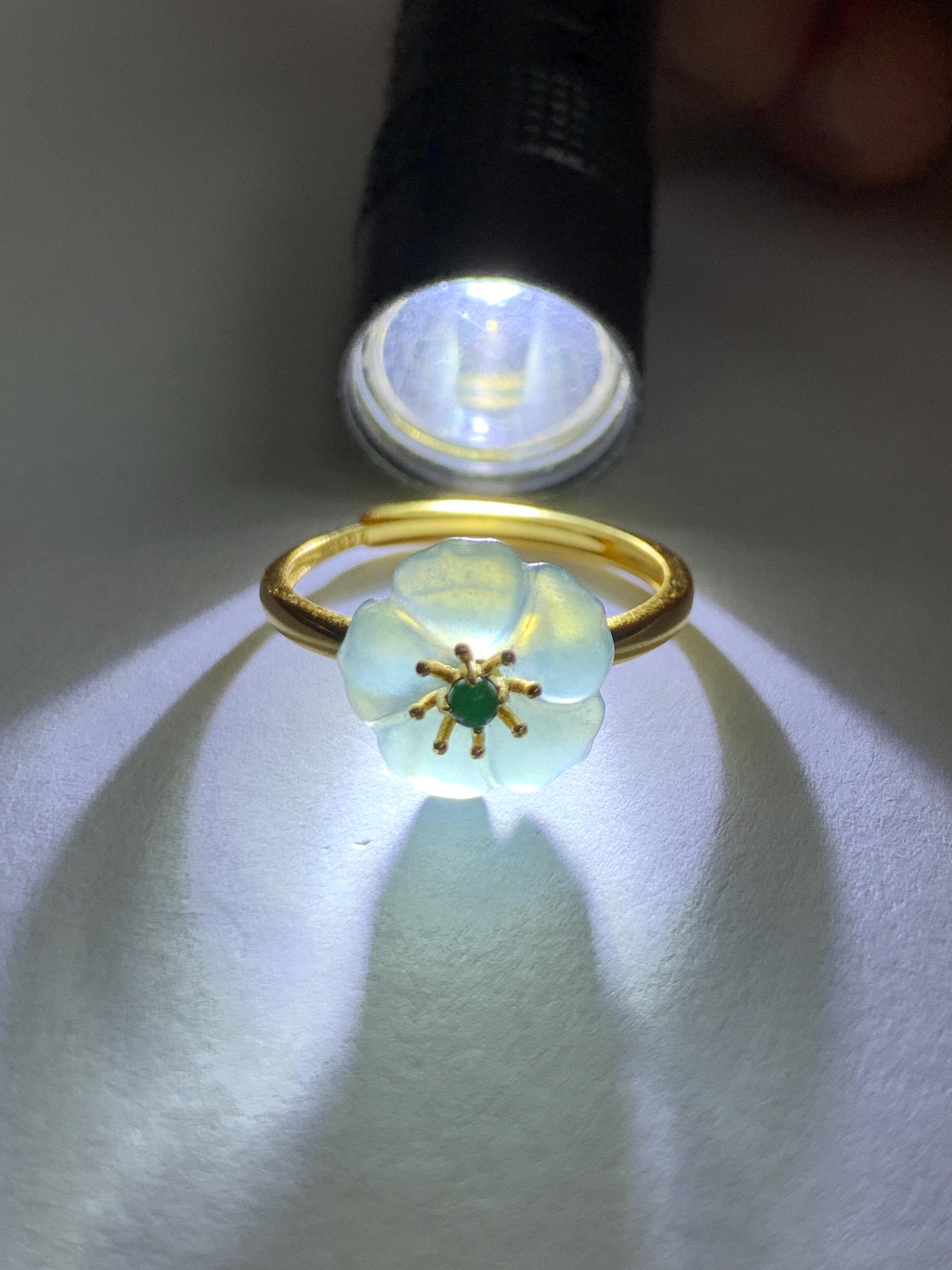 Natural Grade A Guatemalan Icy Translucent Light Blue Jade Jadeite Cherry Blossom Ring Sterling Silver Size Adjustable 天然冰危蓝翡翠梅花戒指 WQM120B