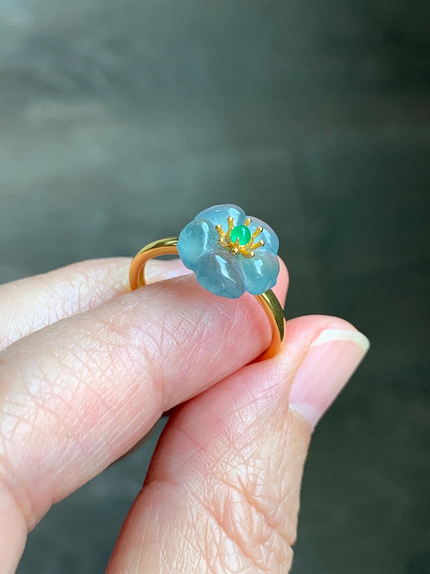 Natural Grade A Guatemalan Icy Translucent Light Blue Jade Jadeite Cherry Blossom Ring Sterling Silver Size Adjustable 天然冰危蓝翡翠梅花戒指 WQM120B