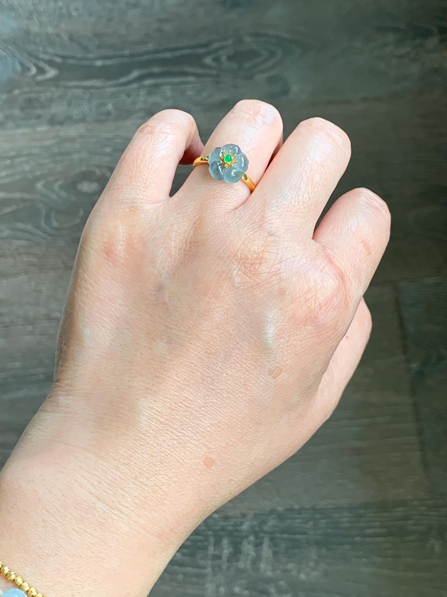 Natural Grade A Guatemalan Icy Translucent Light Blue Jade Jadeite Cherry Blossom Ring Sterling Silver Size Adjustable 天然冰危蓝翡翠梅花戒指 WQM120B