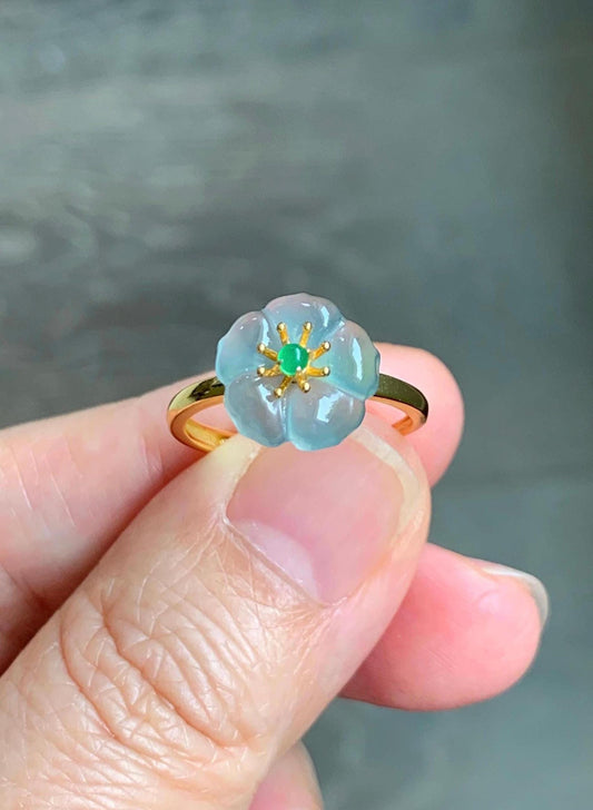 Natural Grade A Guatemalan Icy Translucent Pastel Blue Jade Jadeite Cherry Blossom Ring Sterling Silver Size Adjustable 天然冰危蓝翡翠梅花戒指 WQM120A