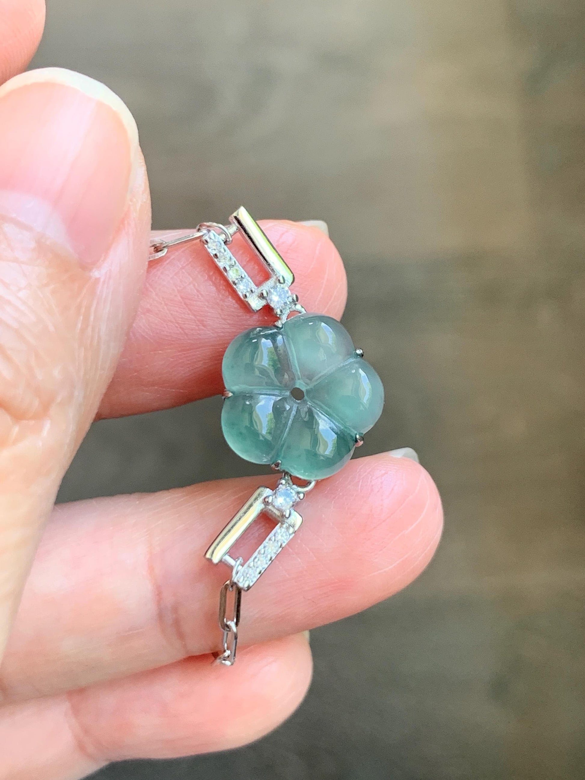 Natural Grade A Guatemalan Icy Translucent Teal Green Jade Jadeite Cherry Blossom Bracelet Sterling Silver 6.25”-7.5” 天然冰危蓝绿翡翠梅花银手链 WMS360C
