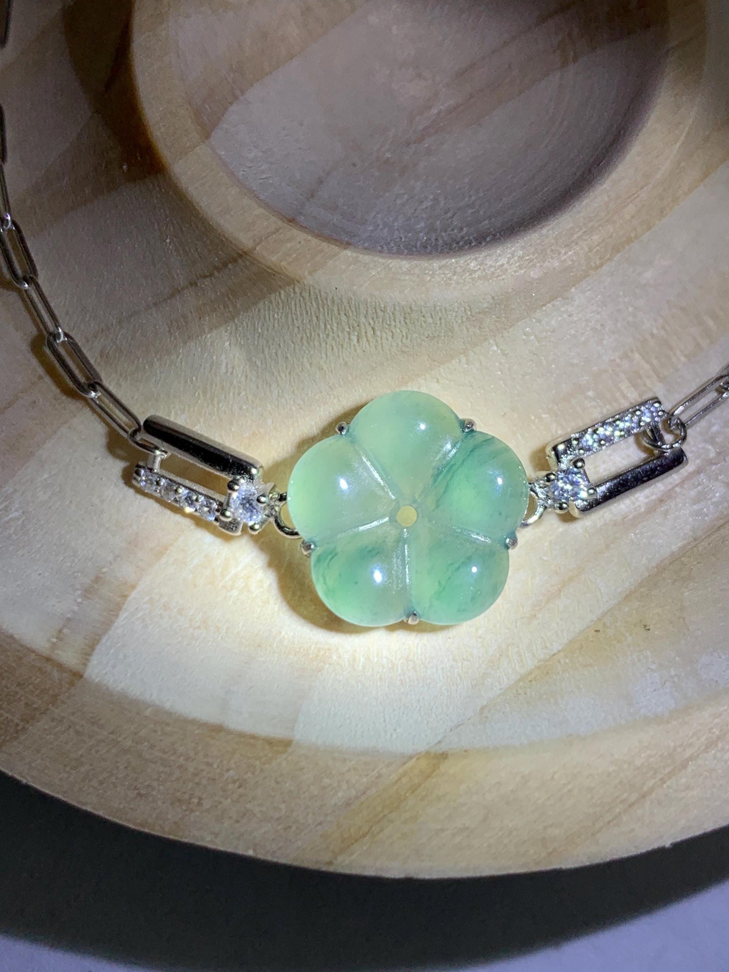 Natural Grade A Guatemalan Icy Translucent Teal Green Jade Jadeite Cherry Blossom Bracelet Sterling Silver 6.25”-7.5” 天然冰危蓝绿翡翠梅花银手链 WMS360C