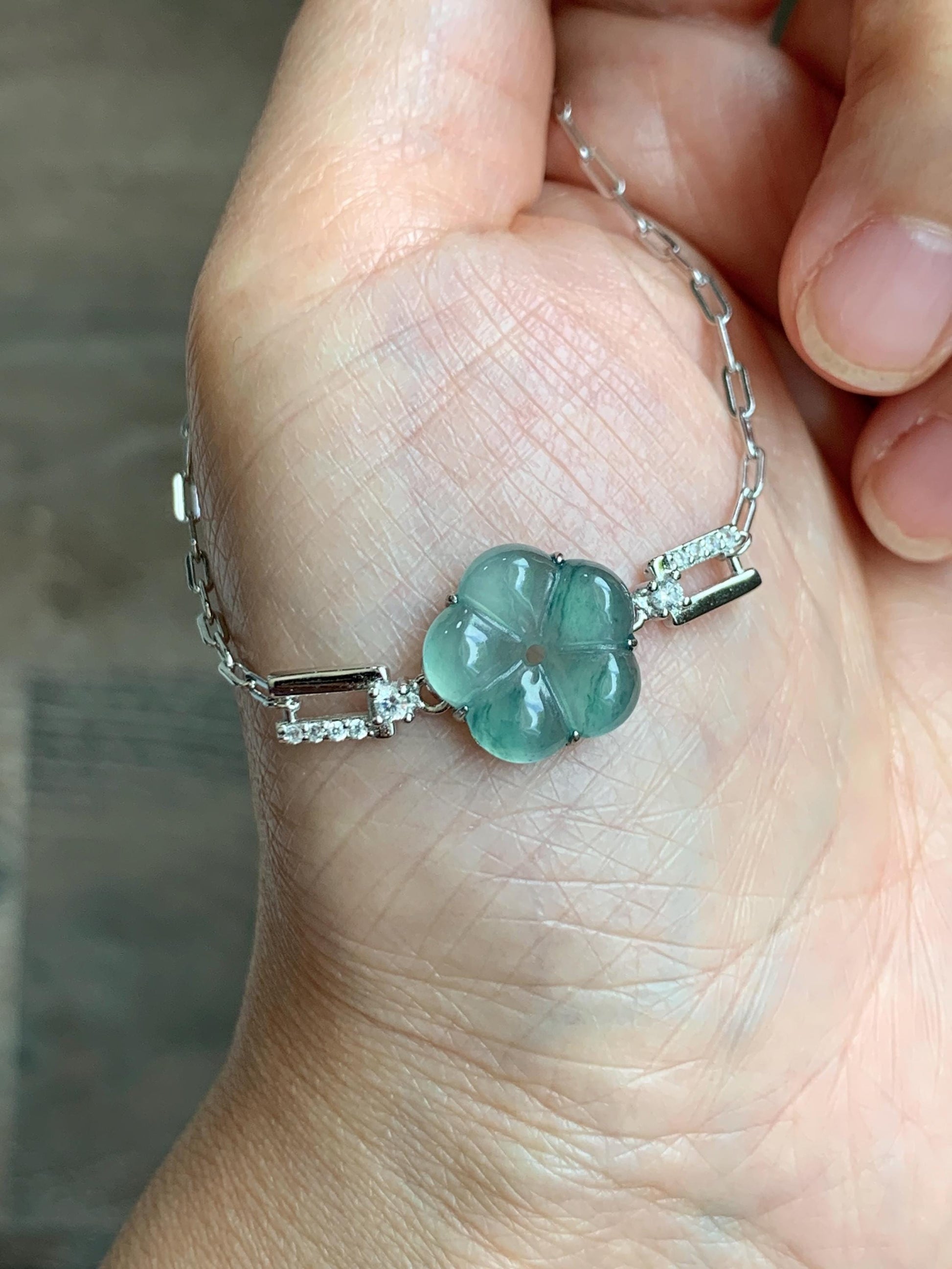 Natural Grade A Guatemalan Icy Translucent Teal Green Jade Jadeite Cherry Blossom Bracelet Sterling Silver 6.25”-7.5” 天然冰危蓝绿翡翠梅花银手链 WMS360C