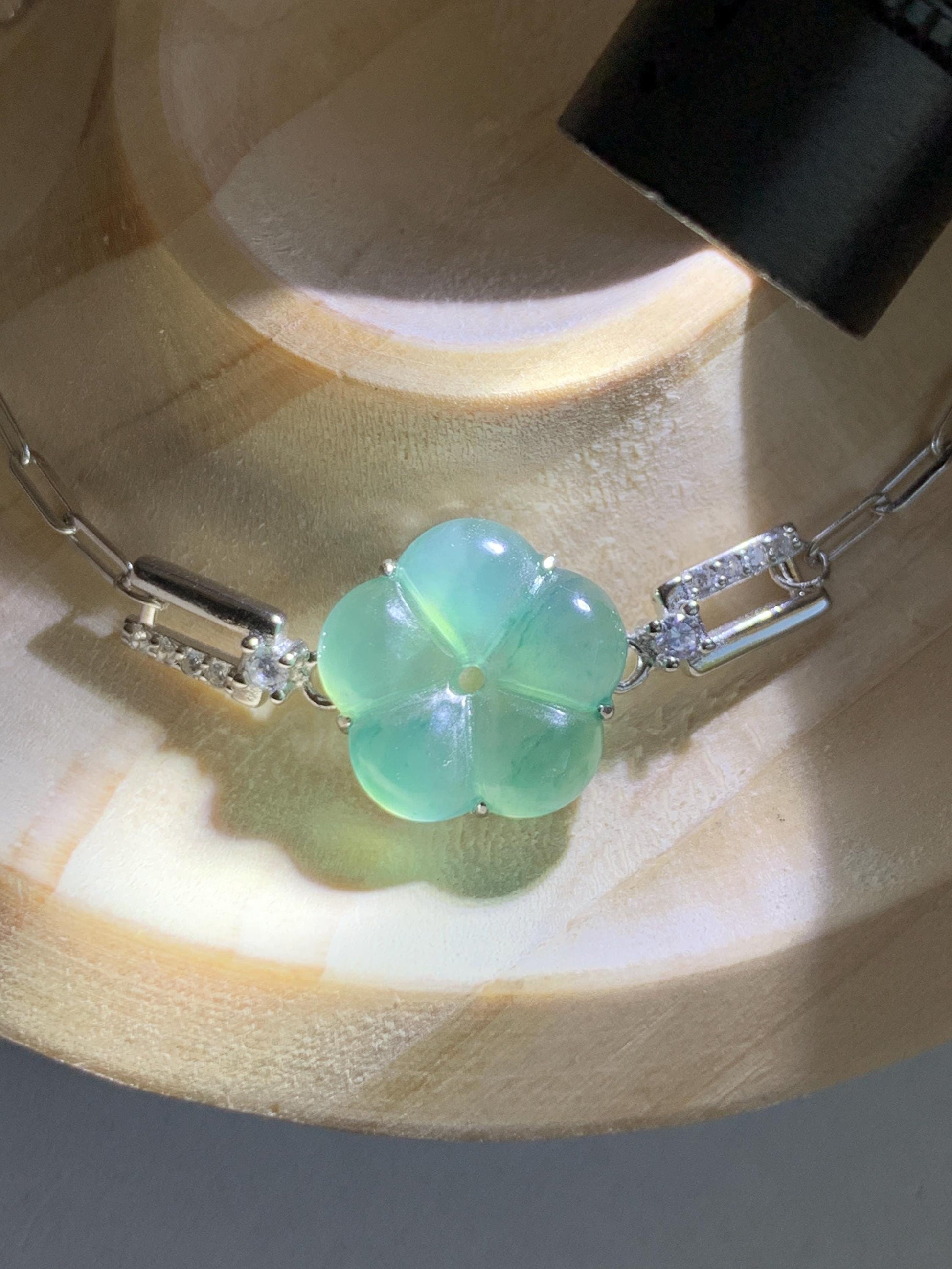 Natural Grade A Guatemalan Icy Translucent Teal Green Jade Jadeite Cherry Blossom Bracelet Sterling Silver 6.25”-7.5” 天然冰危蓝绿翡翠梅花银手链 WMS360C