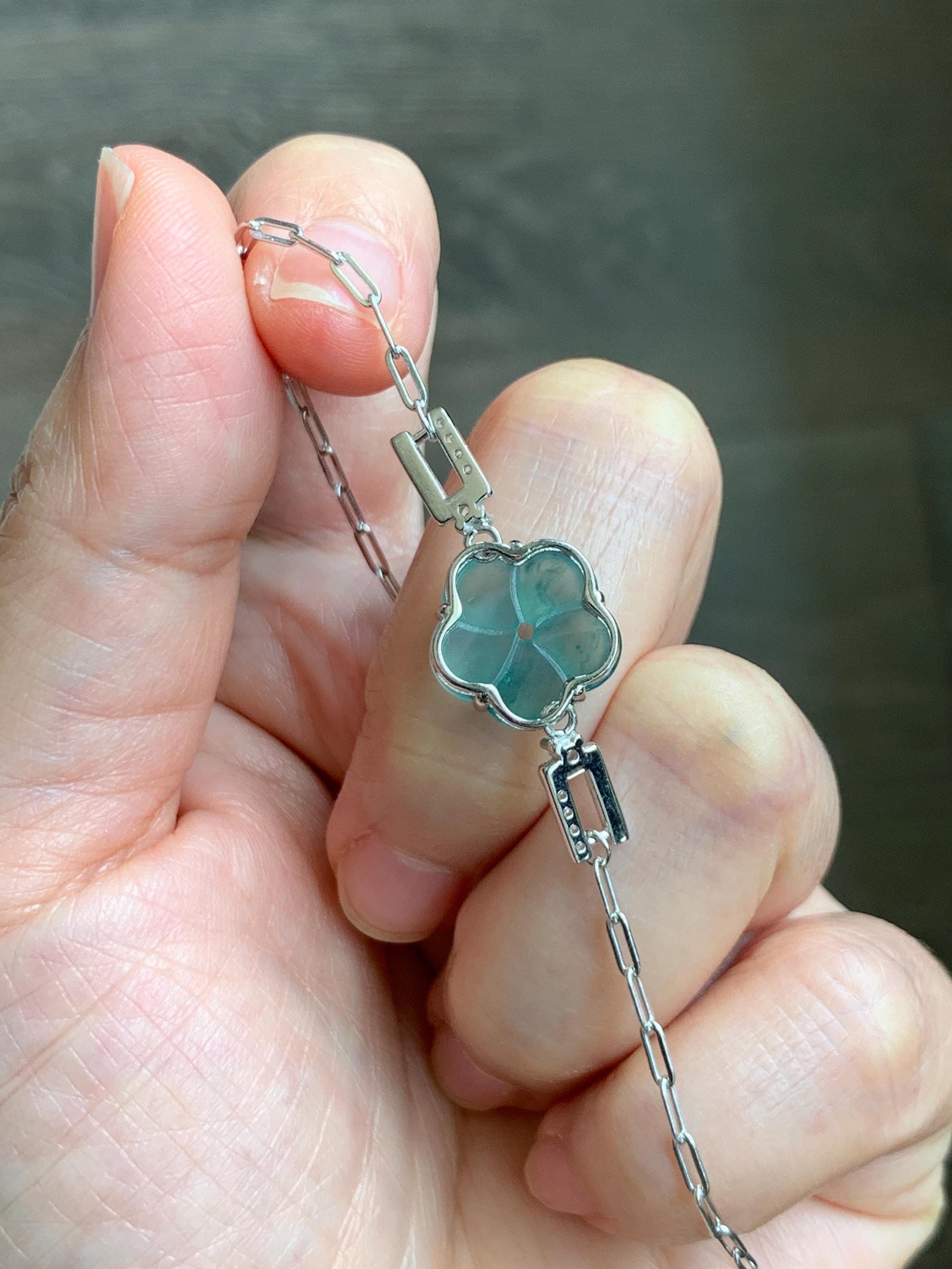 Natural Grade A Guatemalan Icy Translucent Teal Green Jade Jadeite Cherry Blossom Bracelet Sterling Silver 6.25”-7.5” 天然冰危蓝绿翡翠梅花银手链 WMS360C
