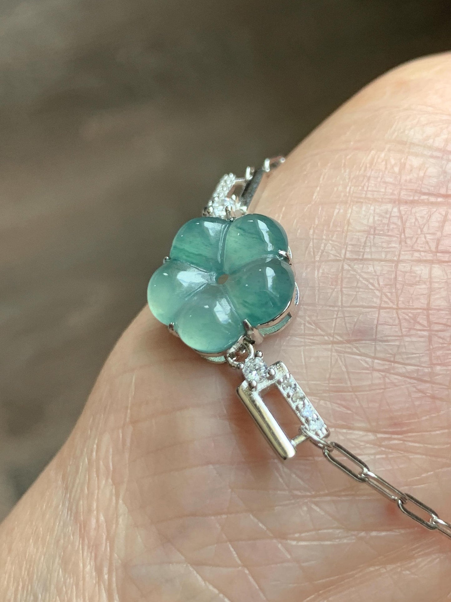 Natural Grade A Guatemalan Icy Translucent Teal Green Jade Jadeite Cherry Blossom Bracelet Sterling Silver 6.25”-7.5” 天然冰危蓝绿翡翠梅花银手链 WMS360C