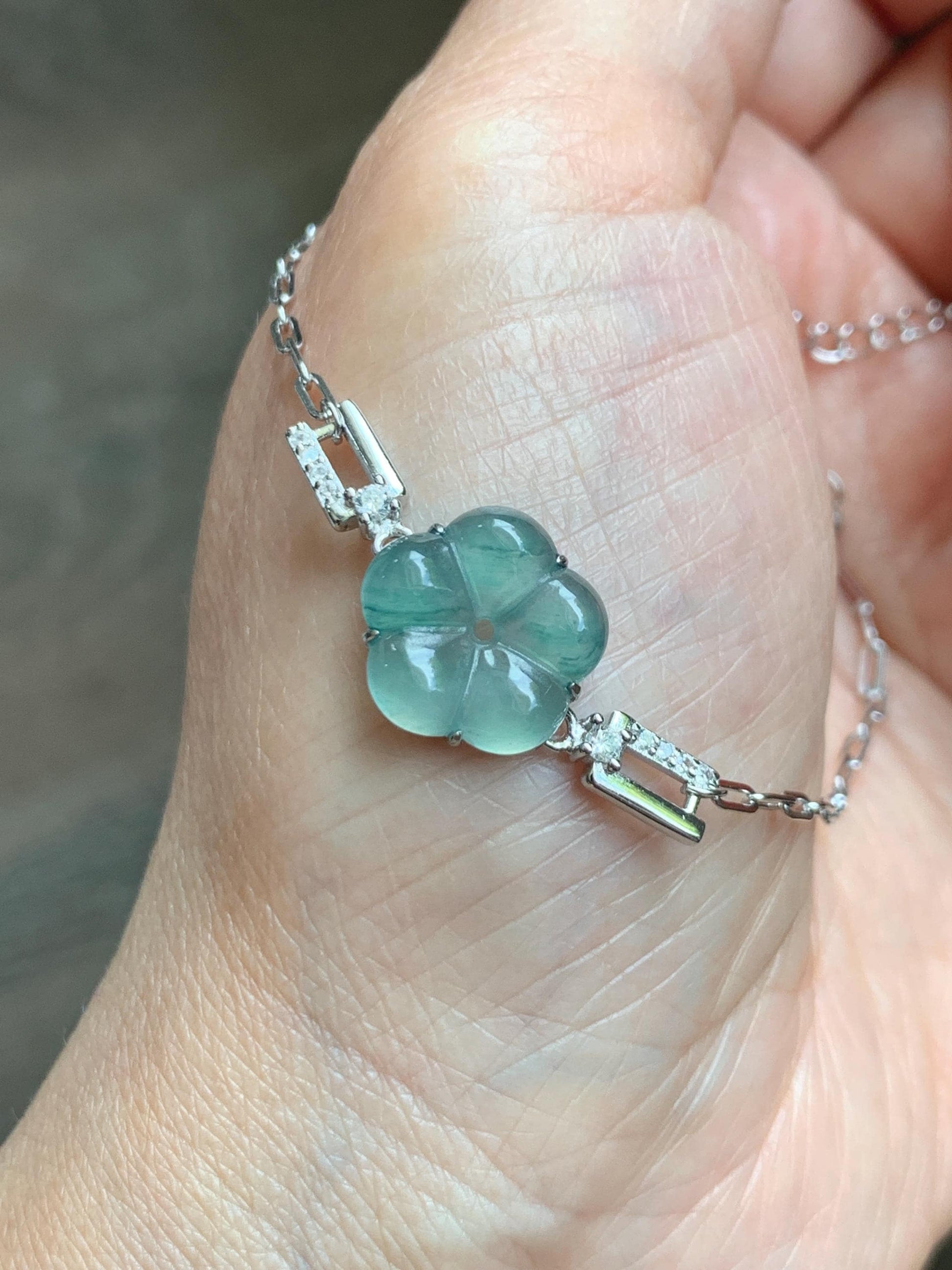 Natural Grade A Guatemalan Icy Translucent Teal Green Jade Jadeite Cherry Blossom Bracelet Sterling Silver 6.25”-7.5” 天然冰危蓝绿翡翠梅花银手链 WMS360C