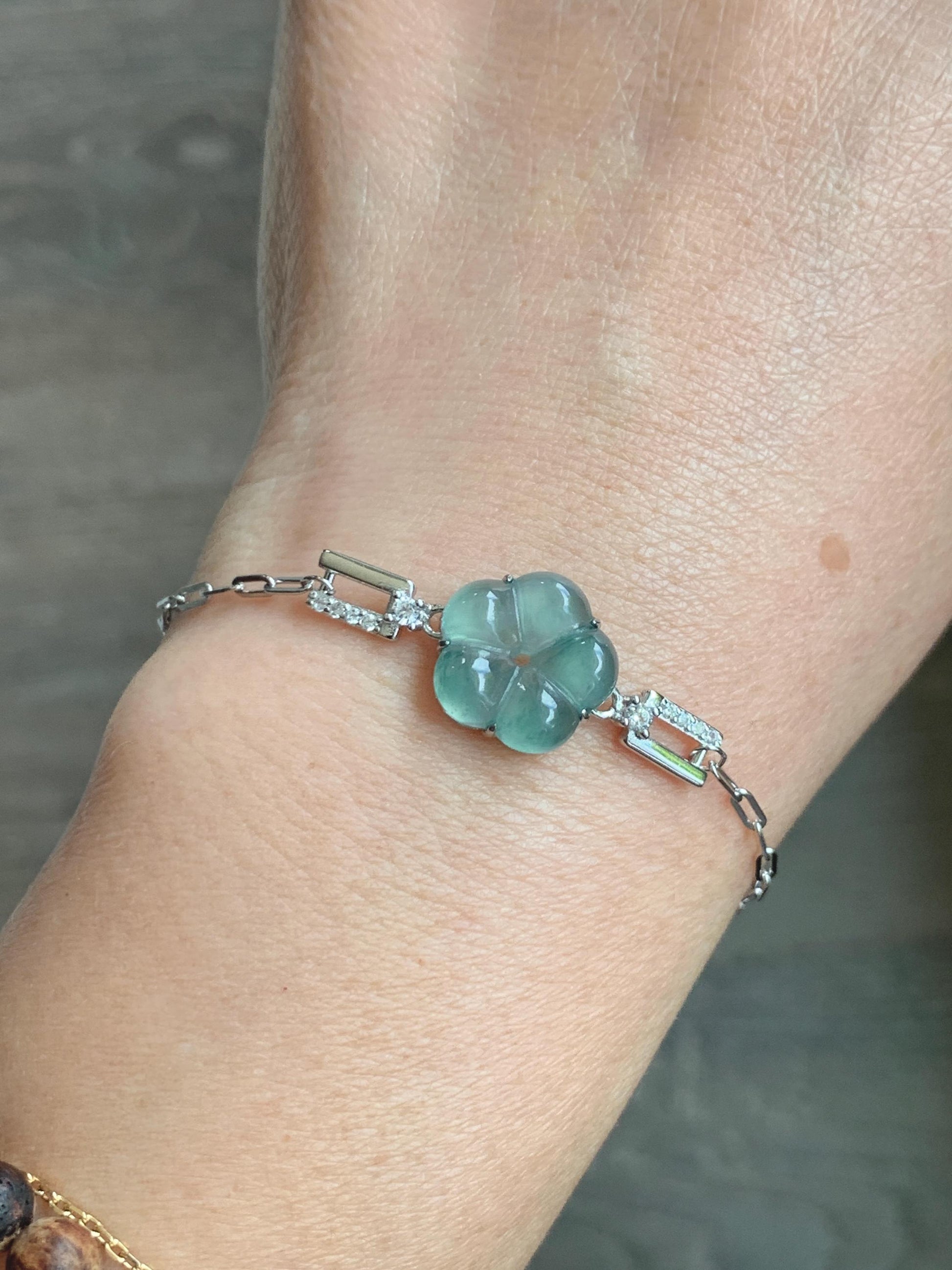 Natural Grade A Guatemalan Icy Translucent Teal Green Jade Jadeite Cherry Blossom Bracelet Sterling Silver 6.25”-7.5” 天然冰危蓝绿翡翠梅花银手链 WMS360C