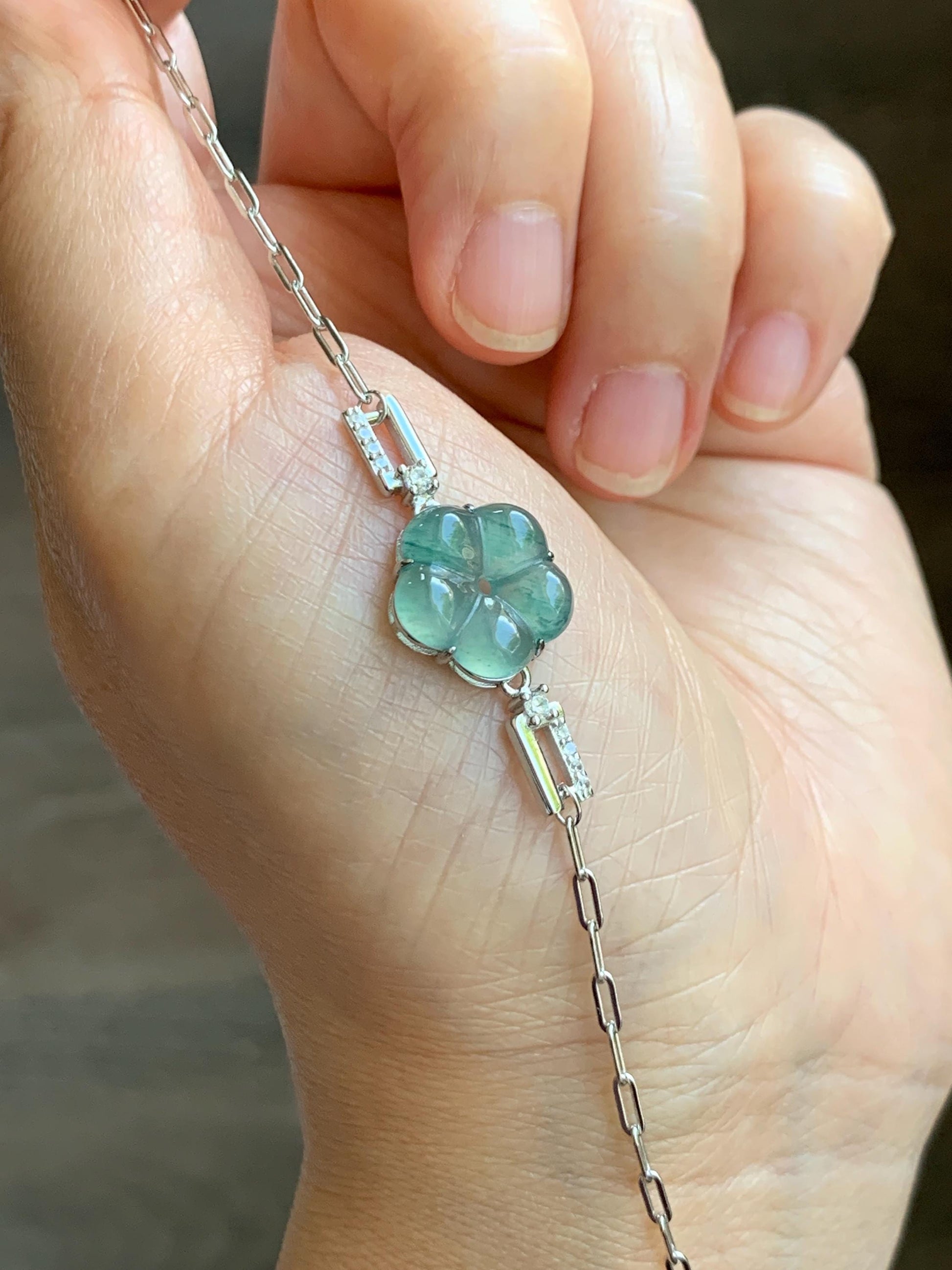 Natural Grade A Guatemalan Icy Translucent Teal Green Jade Jadeite Cherry Blossom Bracelet Sterling Silver 6.25”-7.5” 天然冰危蓝绿翡翠梅花银手链 WMS360C