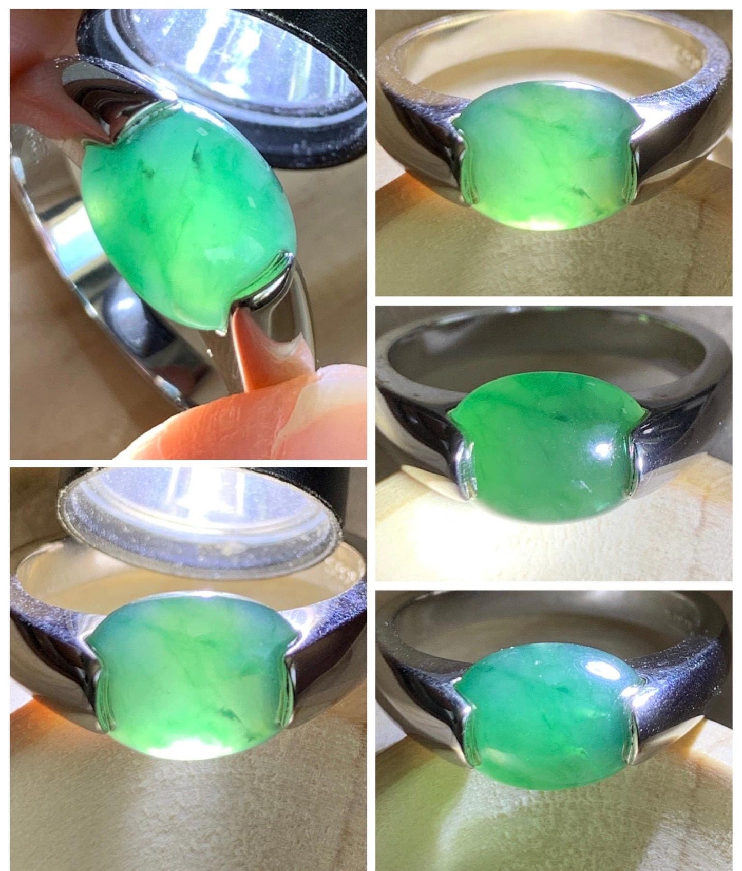 Natural Grade A Guatemalan Icy Translucent Teal Green Oval Cabochon Jade Jadeite Ring Sterling Silver Size 7.5 US 6g 天然冰危蓝绿翡翠银镶戒指 WHS512C
