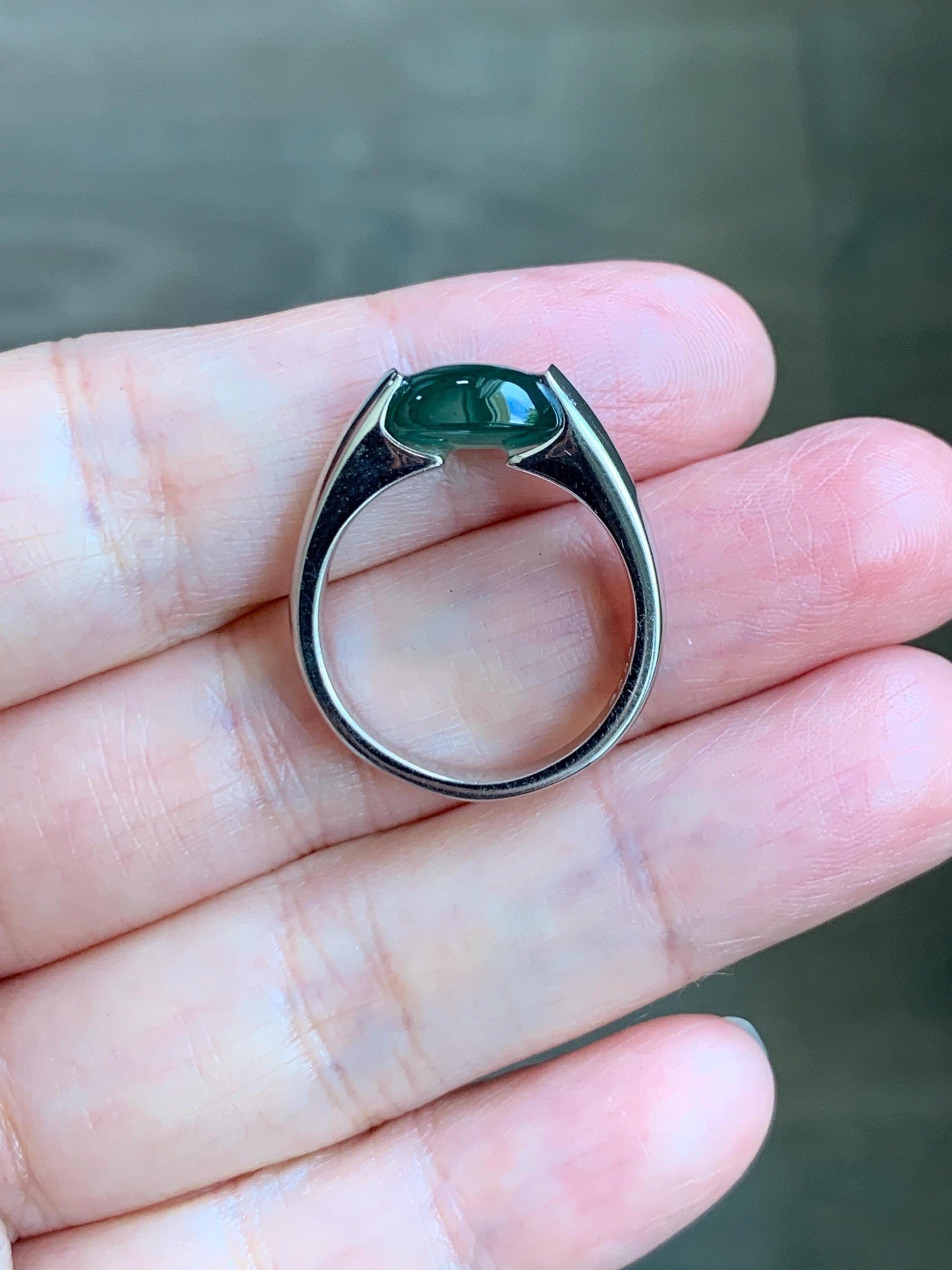 Natural Grade A Guatemalan Icy Translucent Teal Green Oval Cabochon Jade Jadeite Ring Sterling Silver Size 7.5 US 6g 天然冰危蓝绿翡翠银镶戒指 WHS512C