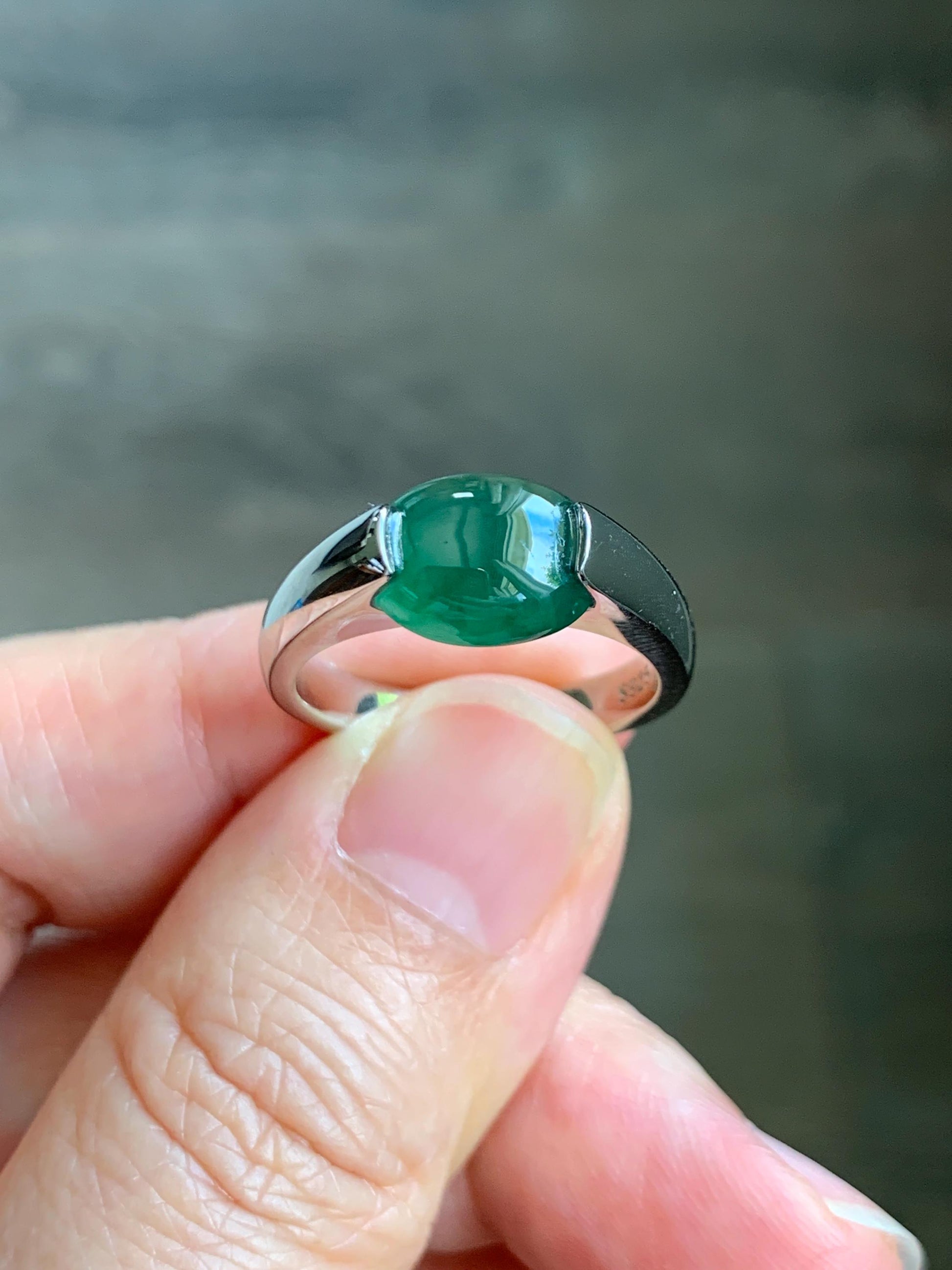 Natural Grade A Guatemalan Icy Translucent Teal Green Oval Cabochon Jade Jadeite Ring Sterling Silver Size 7.5 US 6g 天然冰危蓝绿翡翠银镶戒指 WHS512C