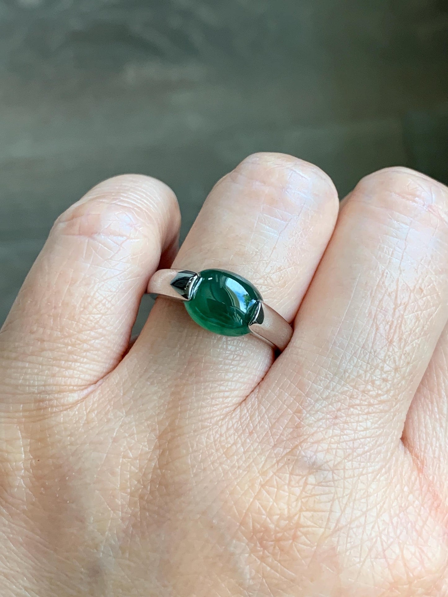 Natural Grade A Guatemalan Icy Translucent Teal Green Oval Cabochon Jade Jadeite Ring Sterling Silver Size 7.5 US 6g 天然冰危蓝绿翡翠银镶戒指 WHS512C
