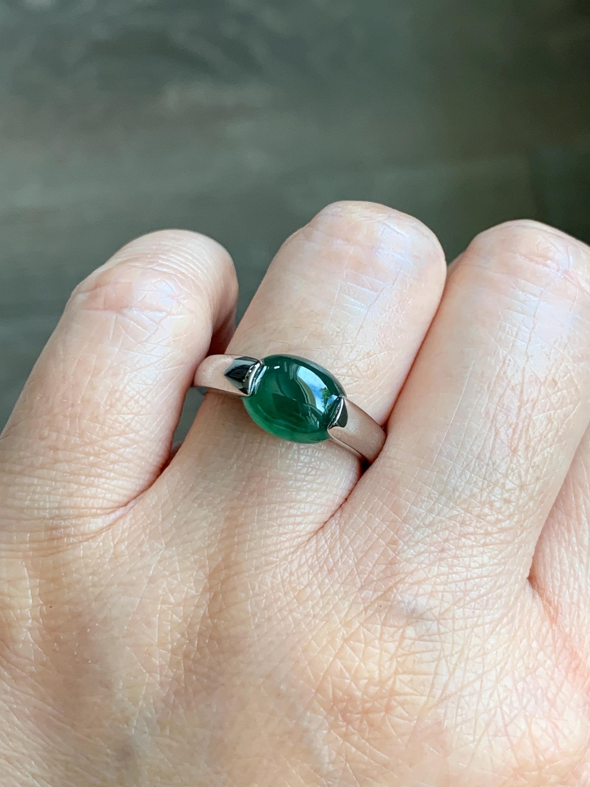 Natural Grade A Guatemalan Icy Translucent Teal Green Oval Cabochon Jade Jadeite Ring Sterling Silver Size 7.5 US 6g 天然冰危蓝绿翡翠银镶戒指 WHS512C