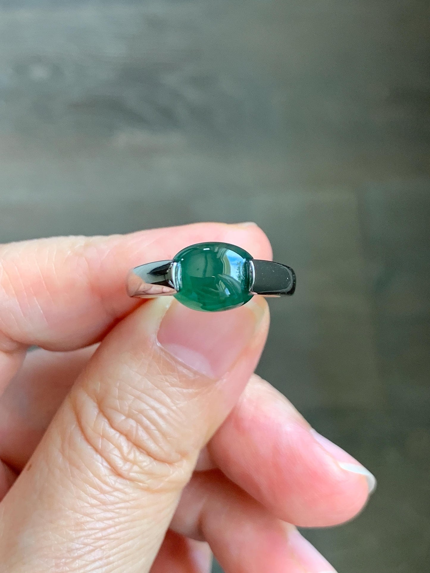 Natural Grade A Guatemalan Icy Translucent Teal Green Oval Cabochon Jade Jadeite Ring Sterling Silver Size 7.5 US 6g 天然冰危蓝绿翡翠银镶戒指 WHS512C