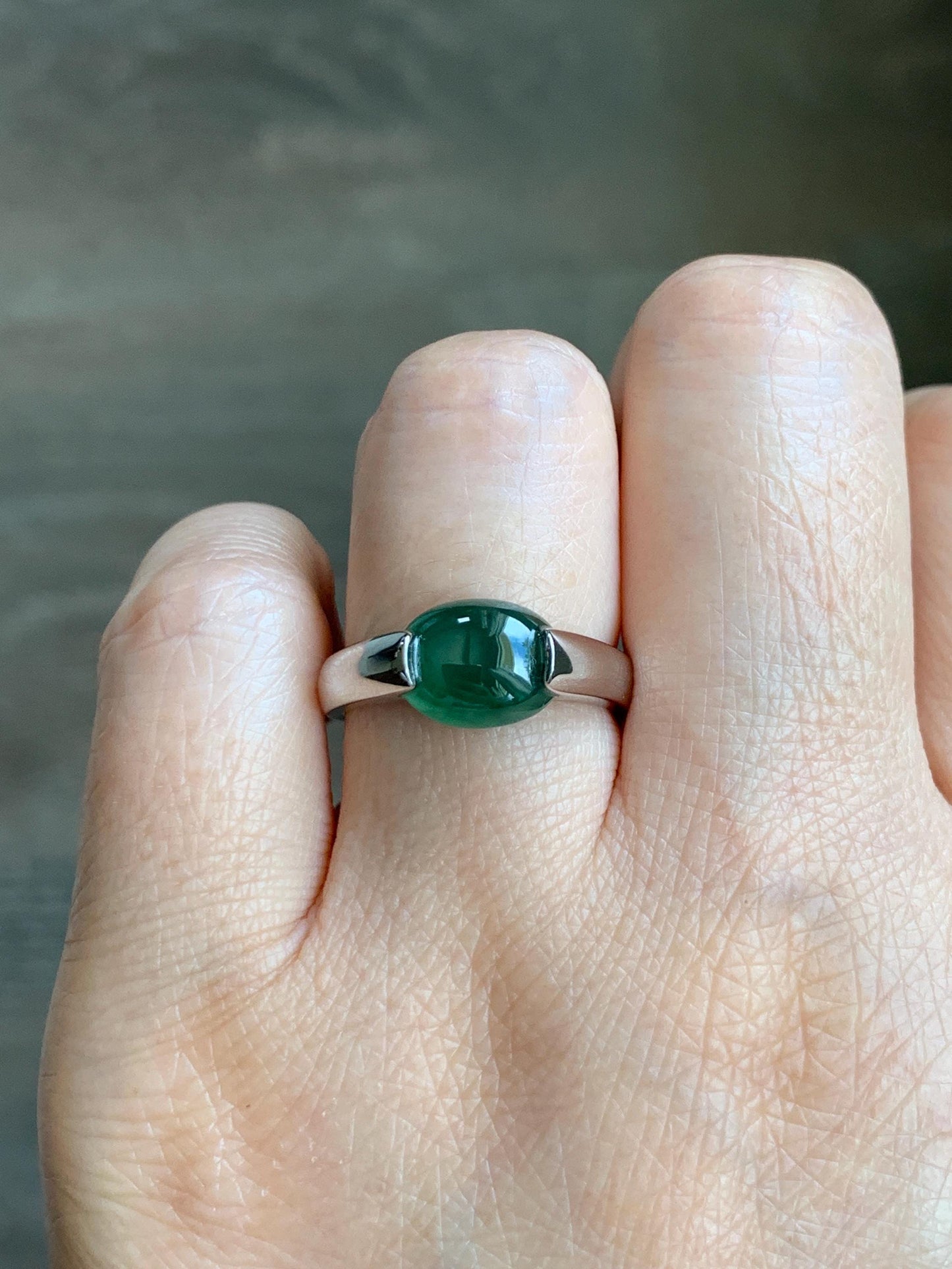 Natural Grade A Guatemalan Icy Translucent Teal Green Oval Cabochon Jade Jadeite Ring Sterling Silver Size 7.5 US 6g 天然冰危蓝绿翡翠银镶戒指 WHS512C