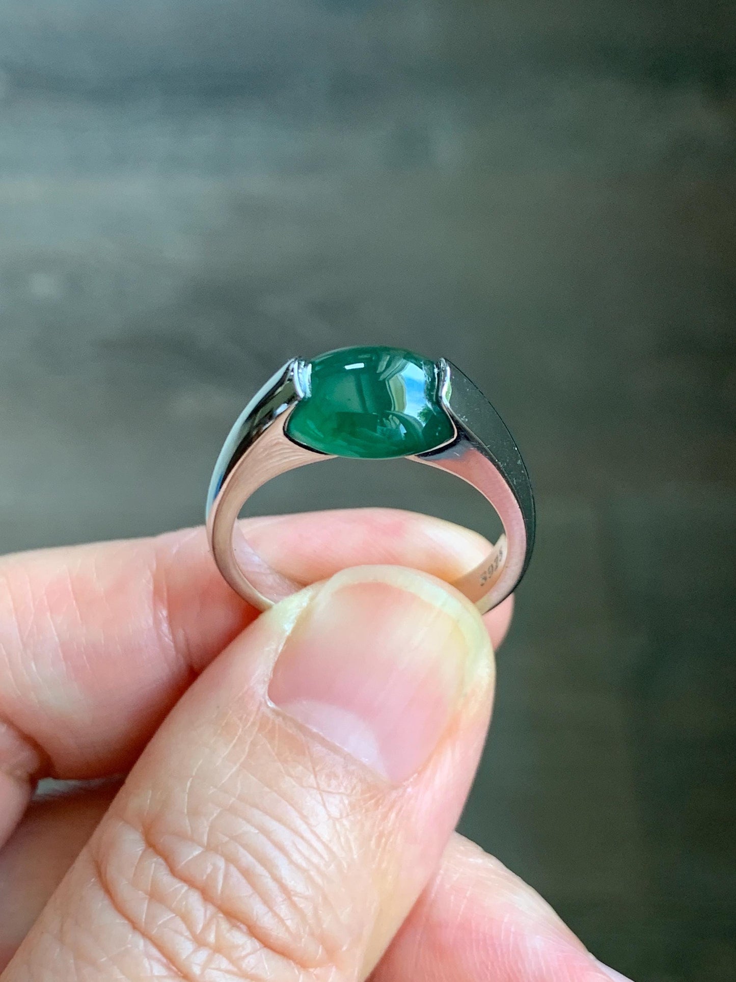 Natural Grade A Guatemalan Icy Translucent Teal Green Oval Cabochon Jade Jadeite Ring Sterling Silver Size 7.5 US 6g 天然冰危蓝绿翡翠银镶戒指 WHS512C